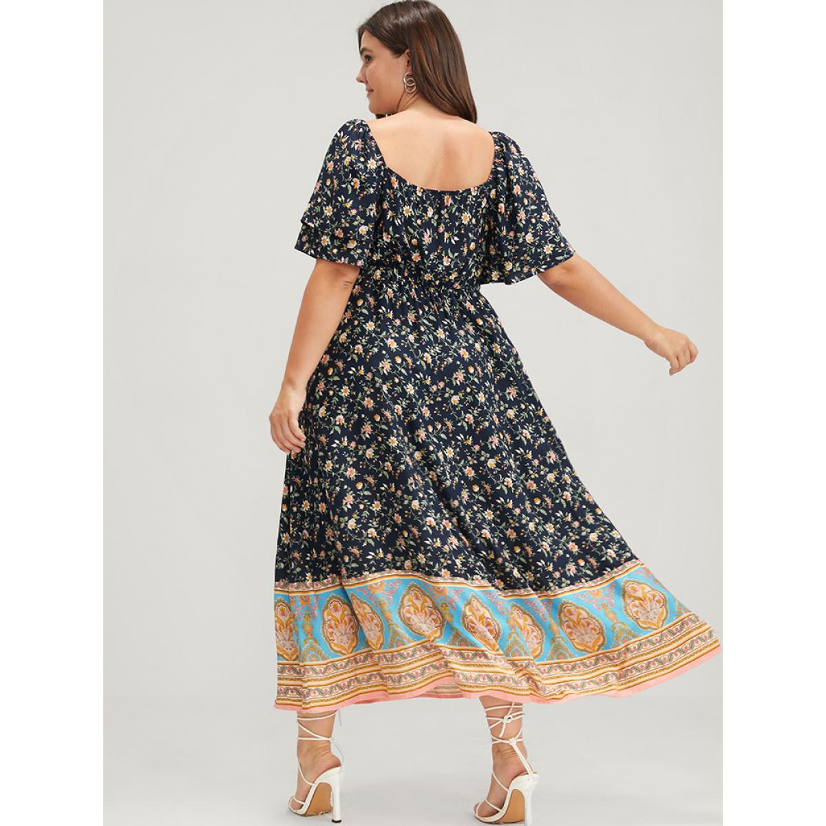 Plus Size Floral Pocket Ruffles Square Neck Midi Dress DarkBlue Women Elegant Elastic Waist Square Neck Short sleeve Curvy Midi Dress BloomChic 22-24/3X Product Image