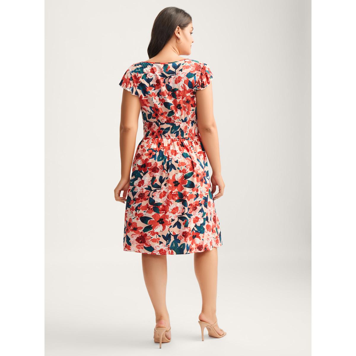 Plus Size Floral Three-Layered Stretchy Waist Midi Dress Coral Women Timeless V-neck Cap Sleeve Curvy BloomChic 12/L Product Image
