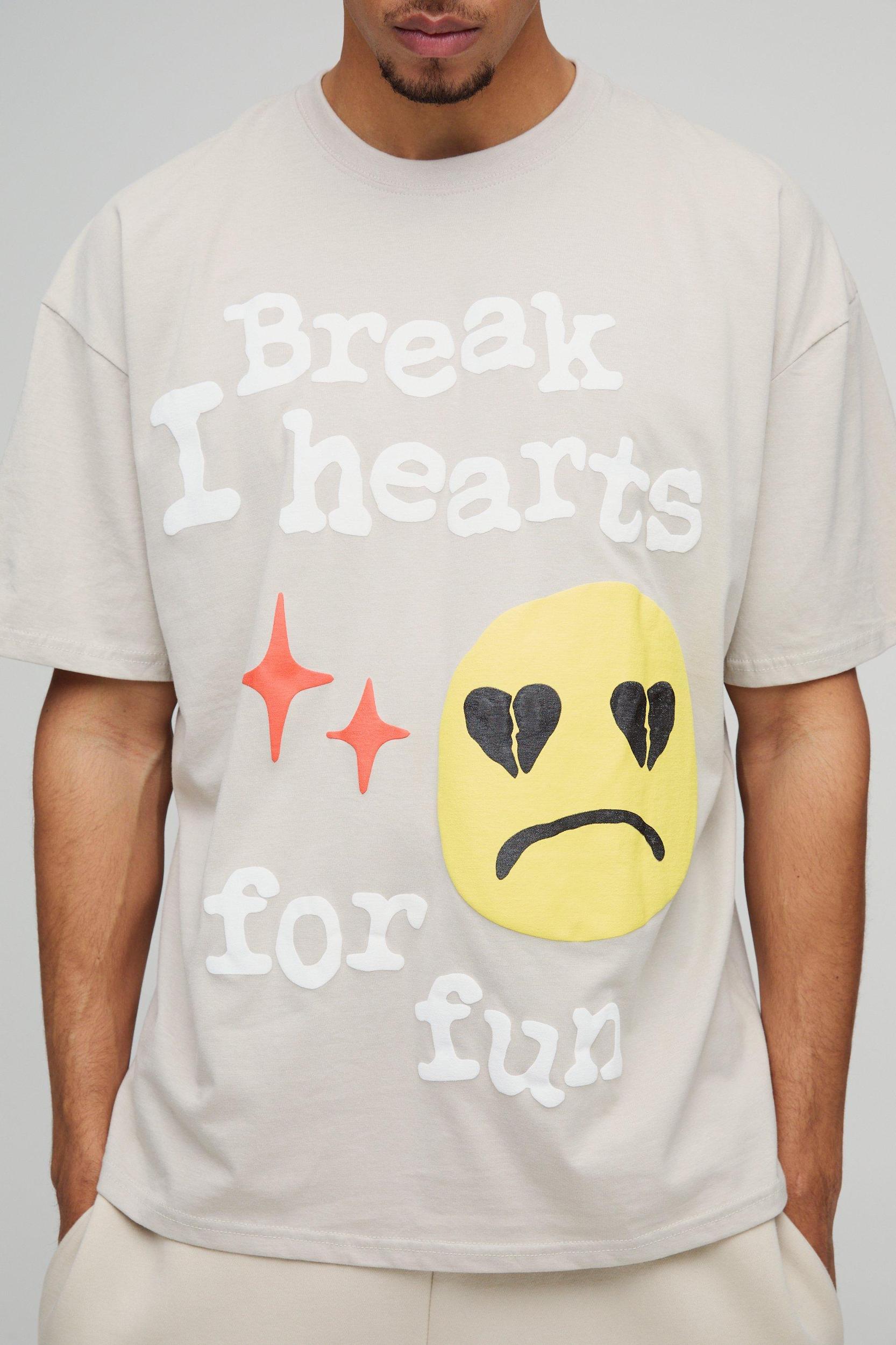 Oversized Break Hearts Slogan Puff Print T-Shirt | boohooMAN USA Product Image