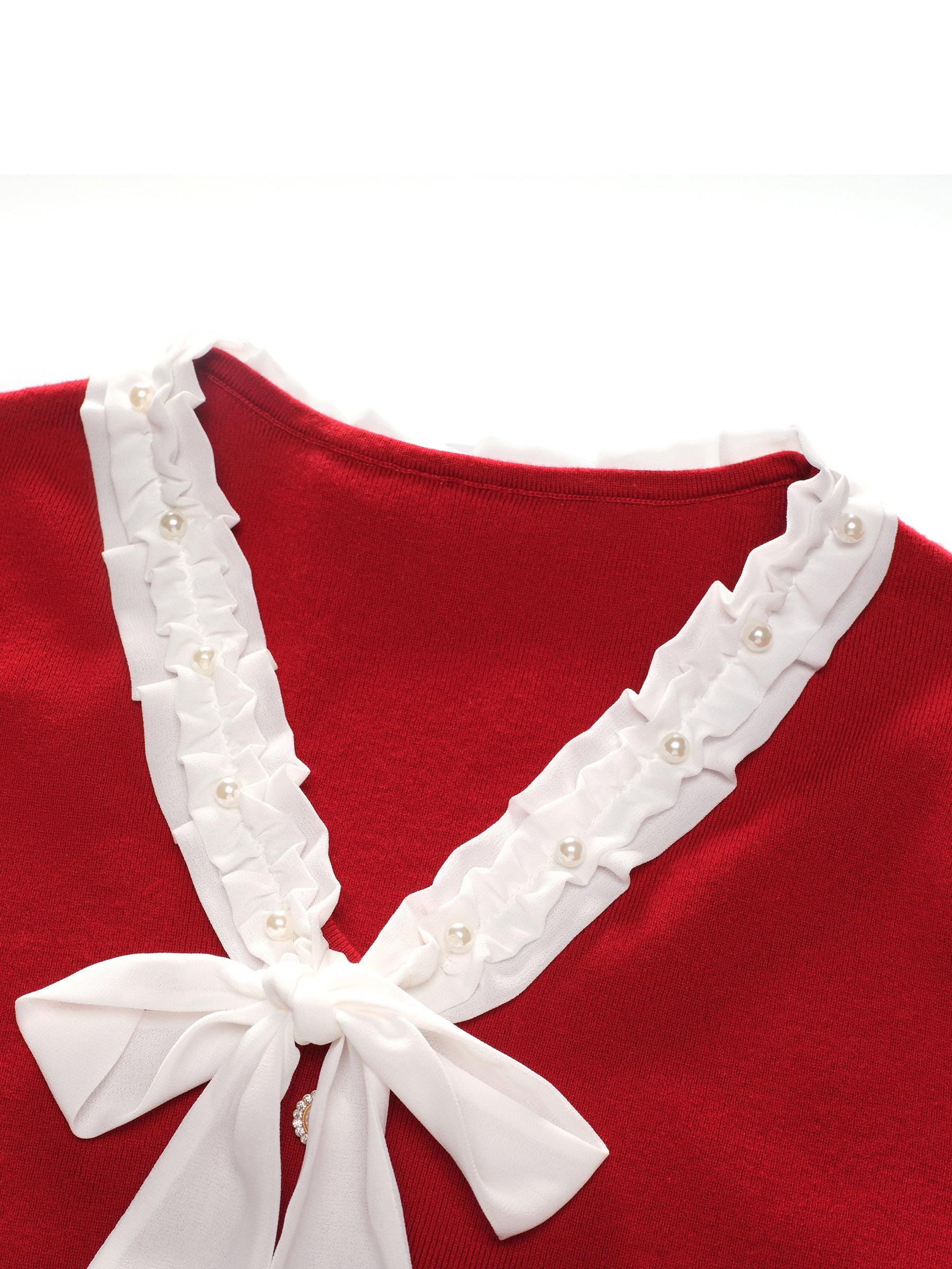 Knit Top And Velvet Pleated Skirt Two-Piece Set With Detachable Ribbon Product Image