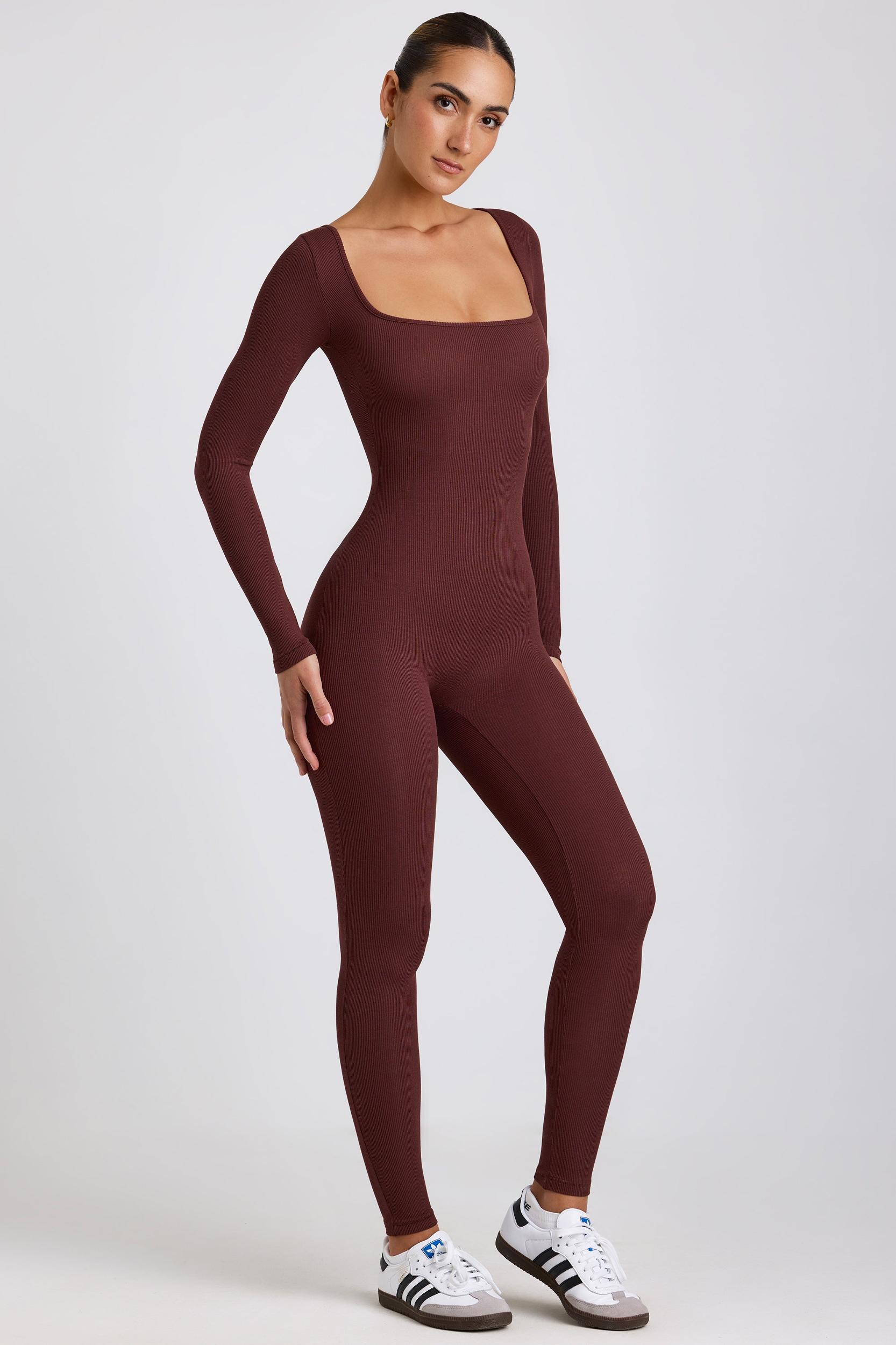 Ribbed Modal Long Sleeve Jumpsuit in Espresso Product Image