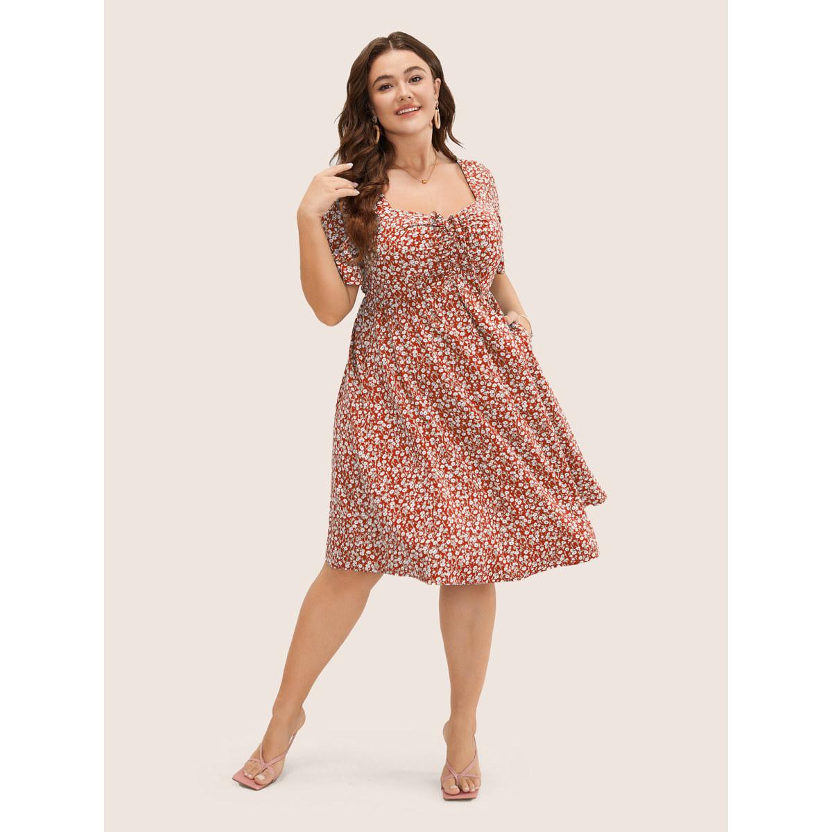 Plus Size Ditsy Floral Ruched Pocket Flutter Drawstring Knee Dress Crimson Women Elegant Non V-neck Short sleeve Curvy Knee Dress BloomChic 14-16/1X Product Image