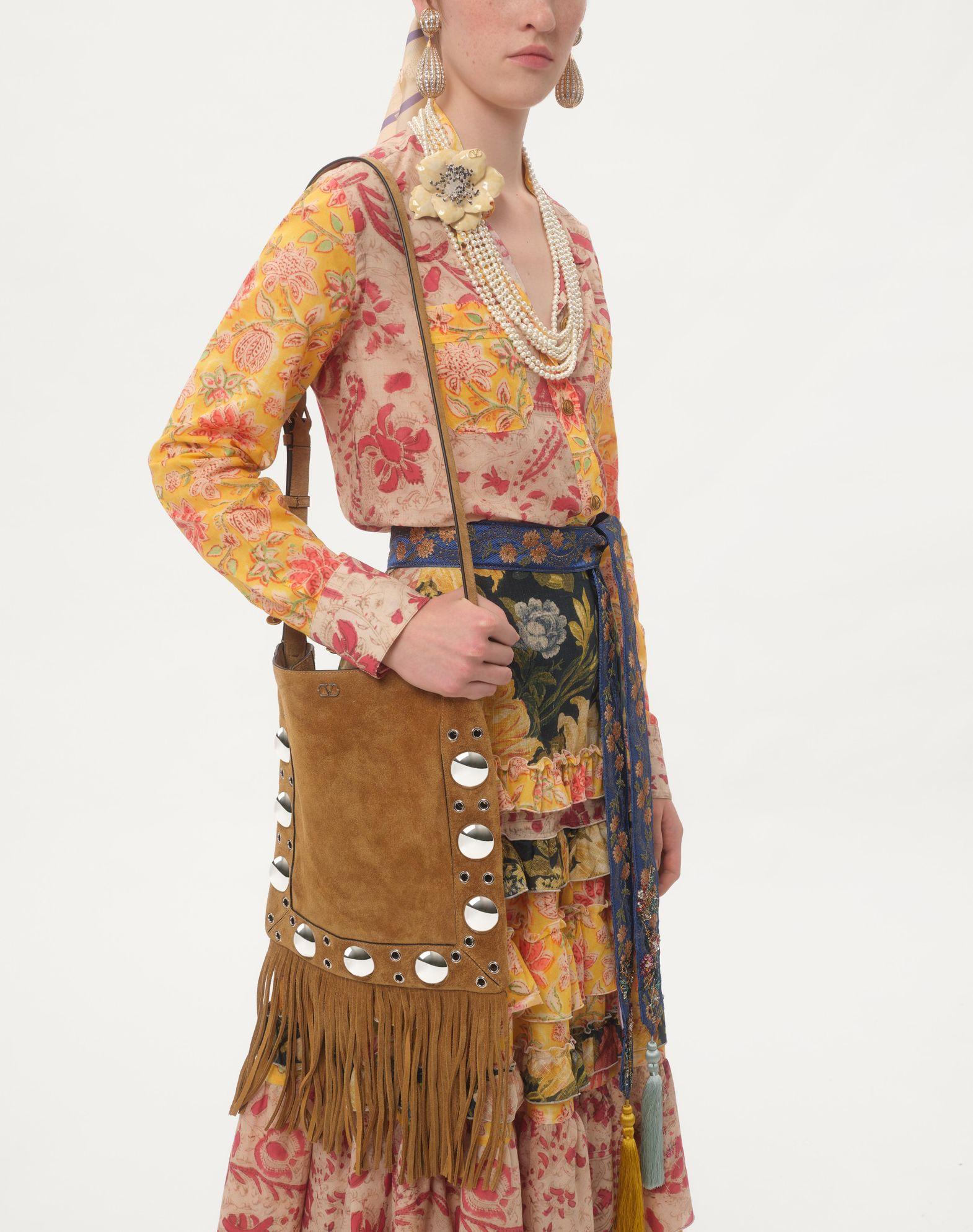 Valentino Garavani Nellcôte Suede Shoulder Bag With Fringes Product Image