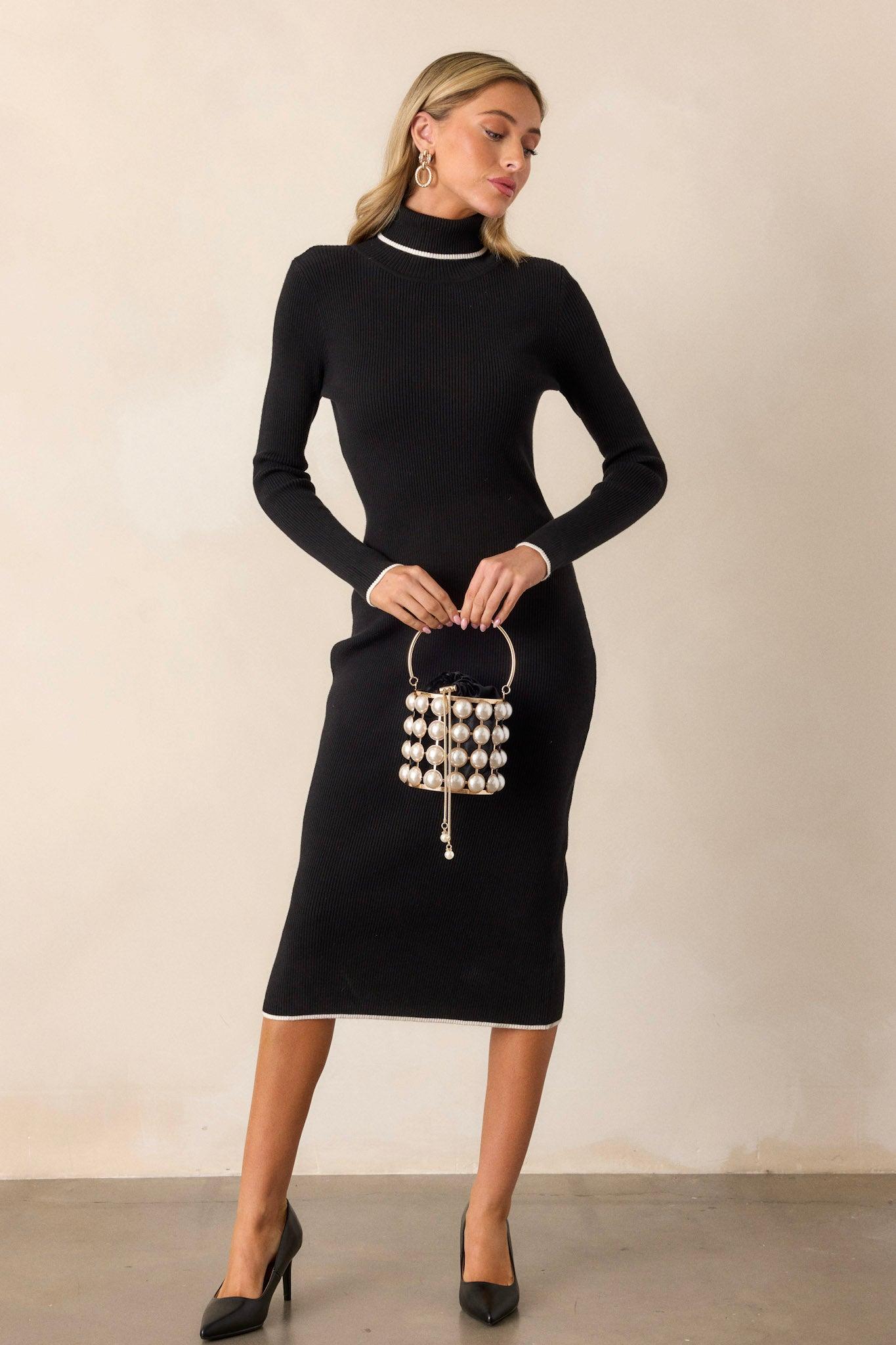 Sleek Chic Black Ribbed Midi Sweater Dress Product Image
