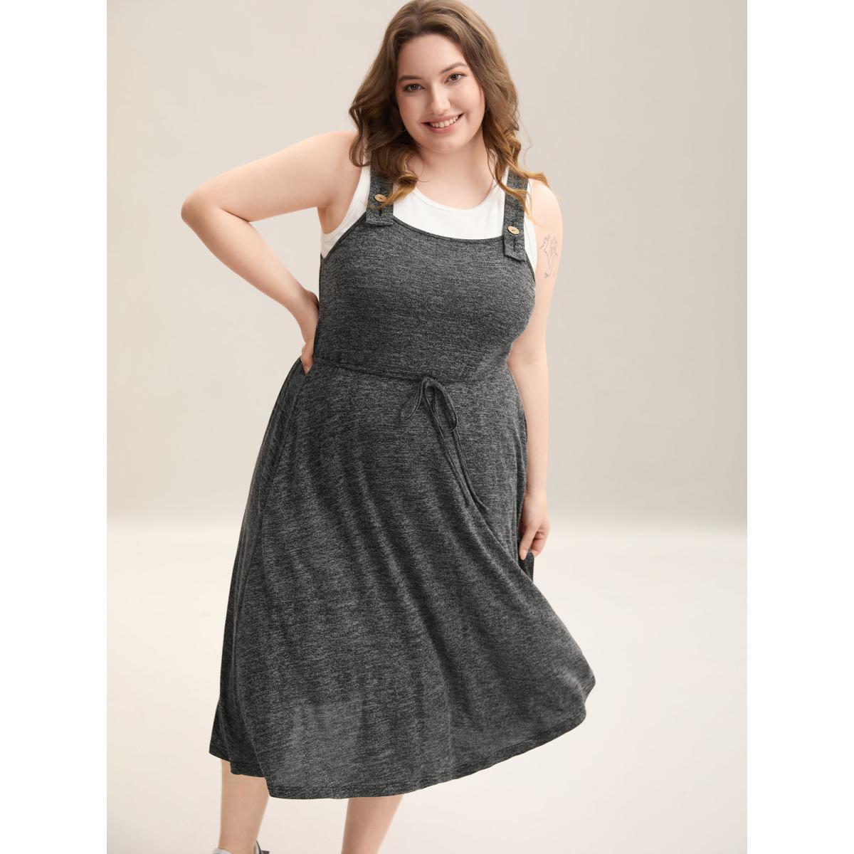 Plus Size Super Stretchy Overall Straps Knit Midi Dress Black Women Casual Drawstring Knit Dresses Bloomchic 18-20/2X Product Image