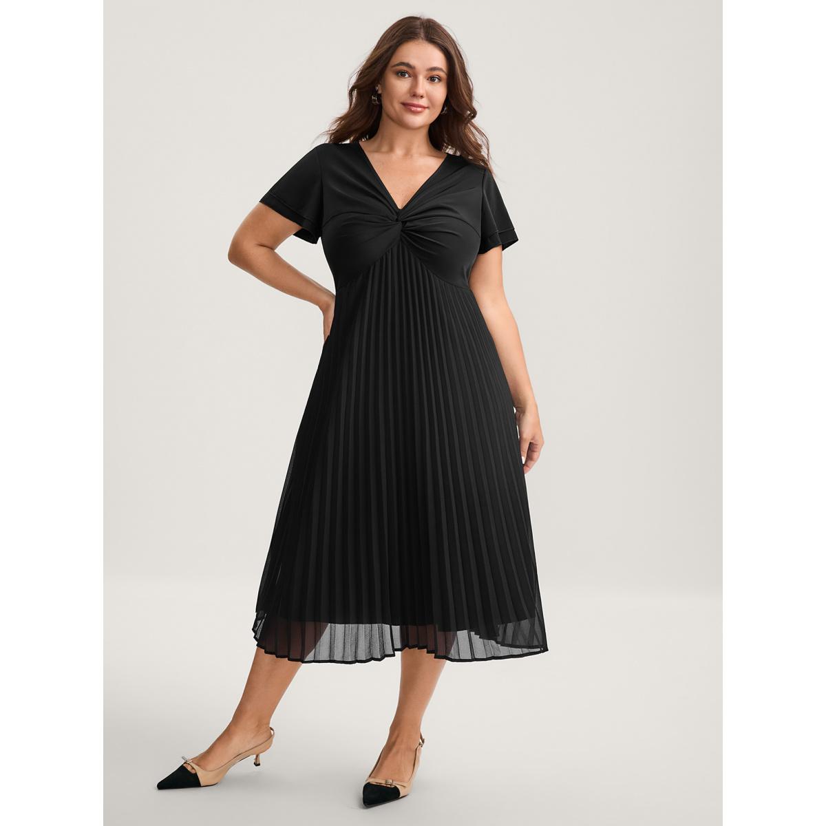 Plus Size Crossover Bodice Plicated Detail Midi Dress Black Women V-neck Sleeveless Curvy BloomChic 18-20/2X Product Image