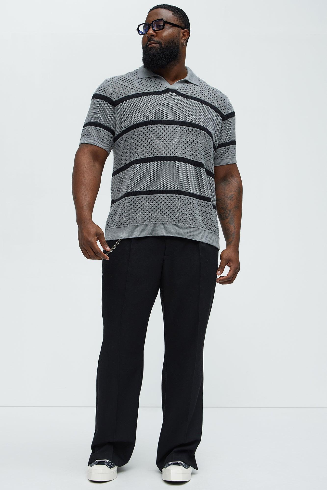 Mixed Texture Knitted Johnny Collar Shirt - Grey/combo Product Image