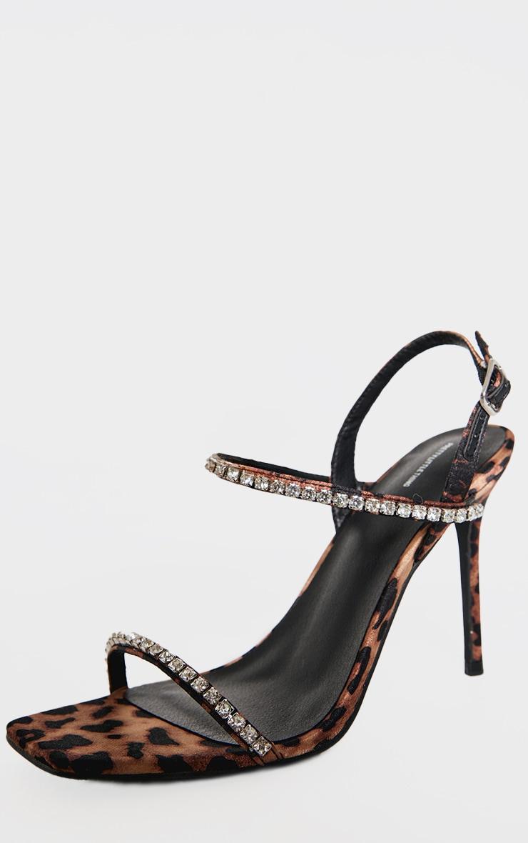 Leopard Square Toe Diamante Strap High Stiletto Heeled Sandals Product Image