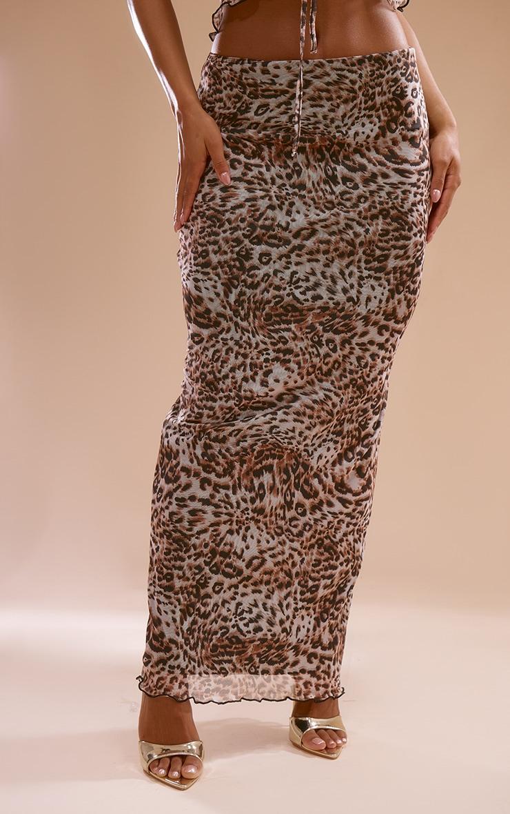 Brown Leopard Print Mesh Low Rise Midaxi Skirt Product Image