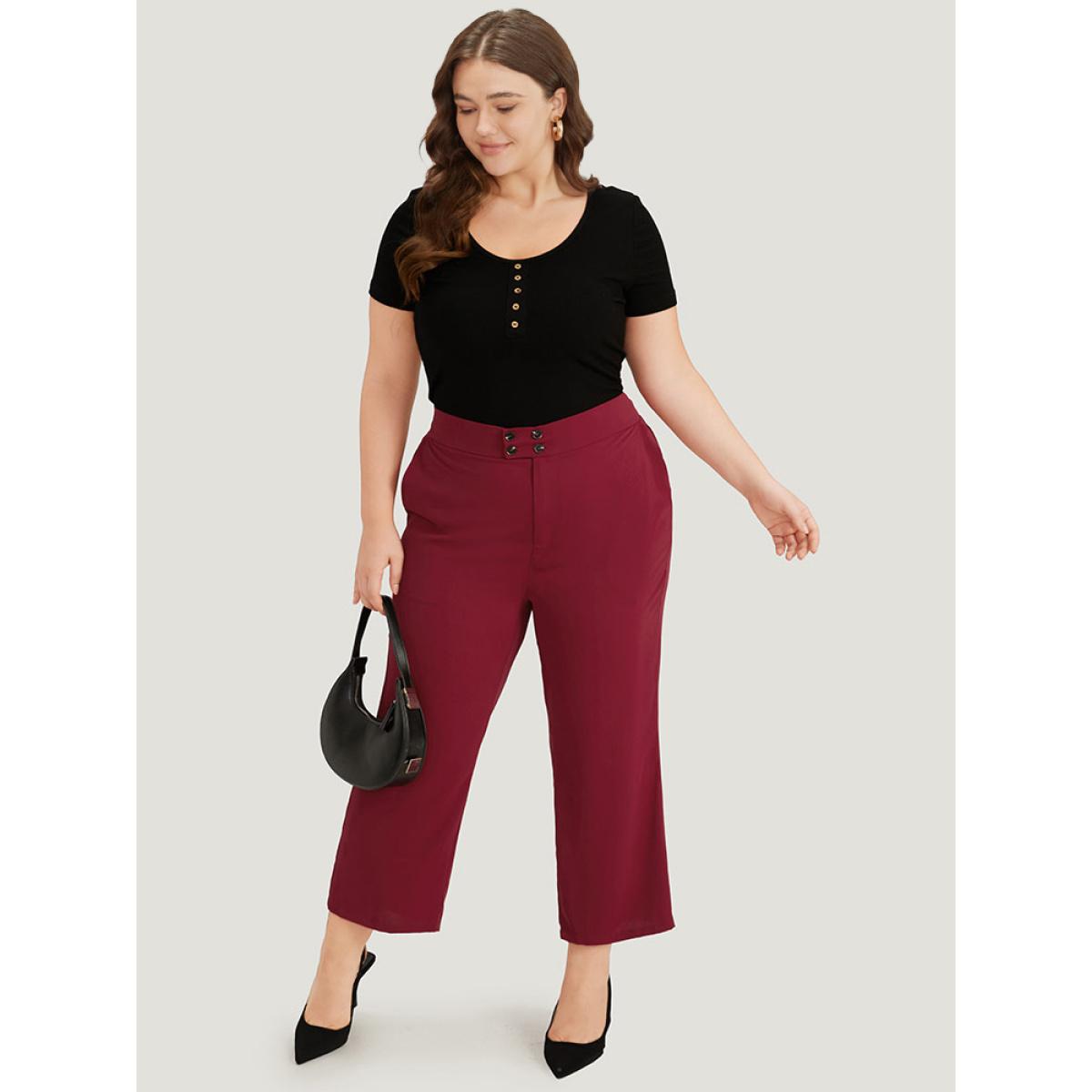 Plus Size Solid Button Detail Slant Pocket High Rise Pants Women Scarlet Office Straight Leg High Rise Office Pants BloomChic 30/6X Product Image