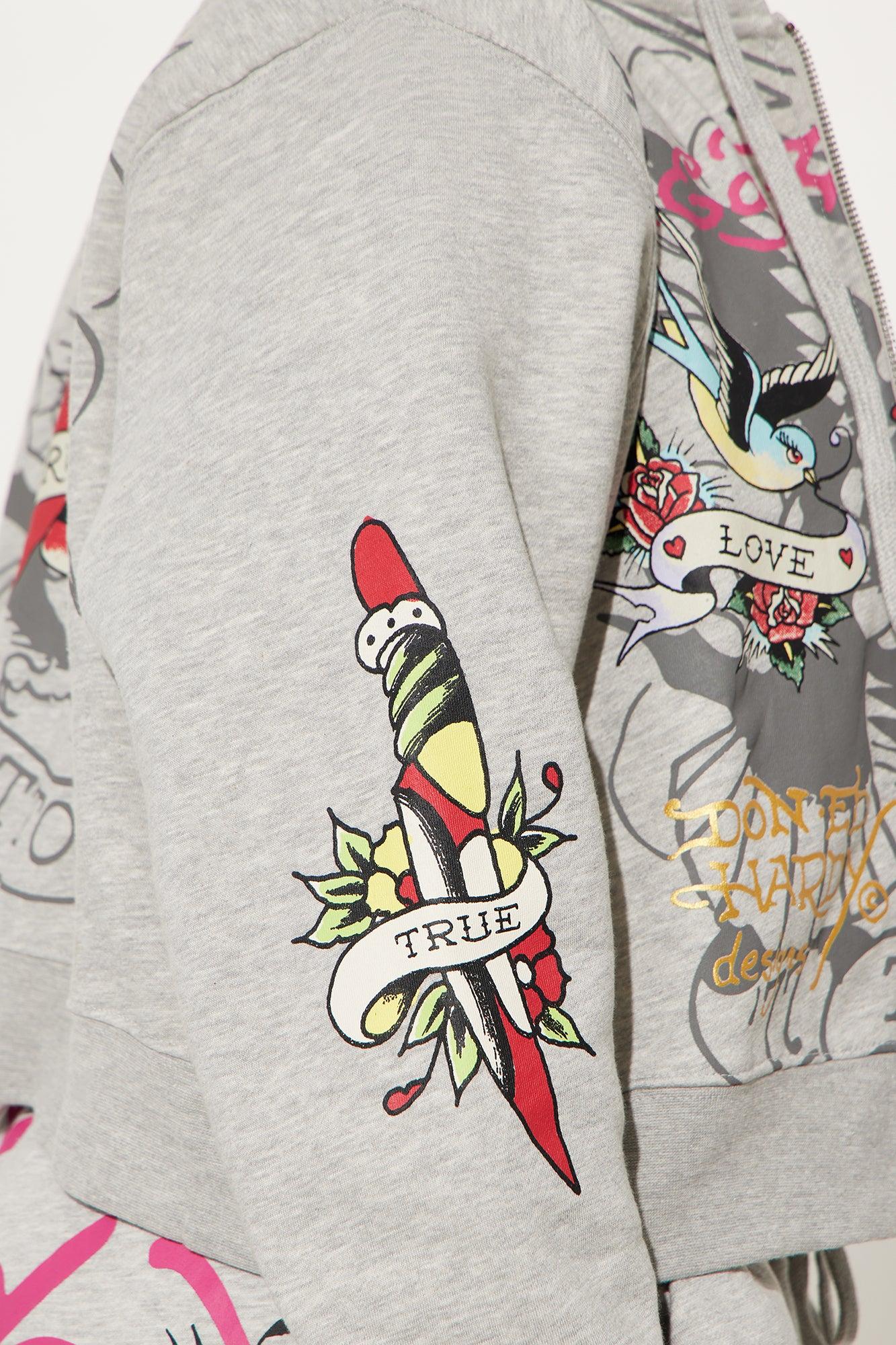Ed Hardy Rose And Sword Zip Front Hoodie - Heather Grey Product Image