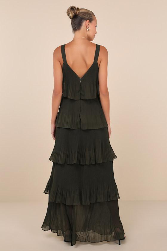 Elegant Nature Olive Green Pleated Sleeveless Tiered Maxi Dress Product Image