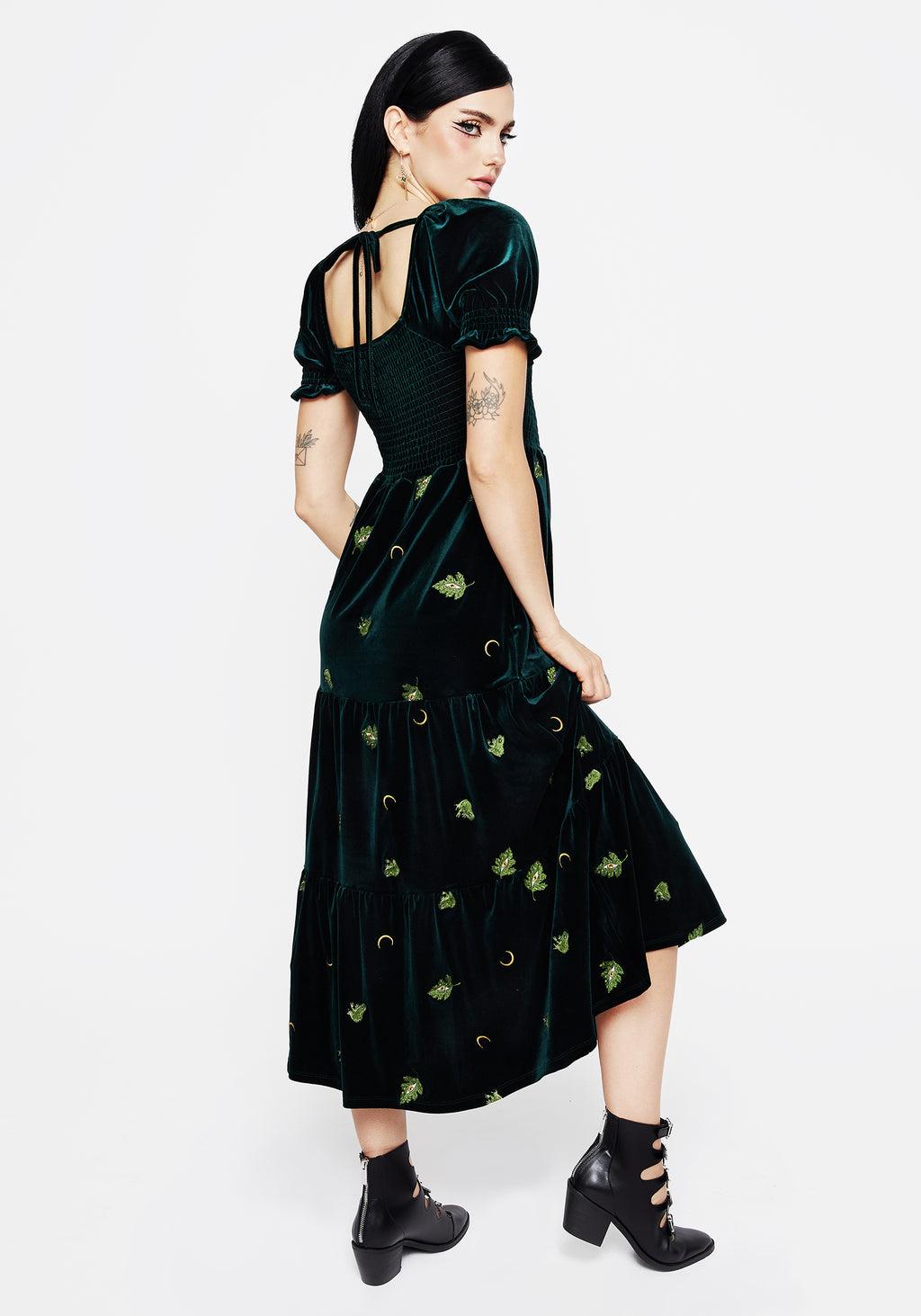 Swamplife Frog Embroidered Velour Tiered Midi Dress Product Image