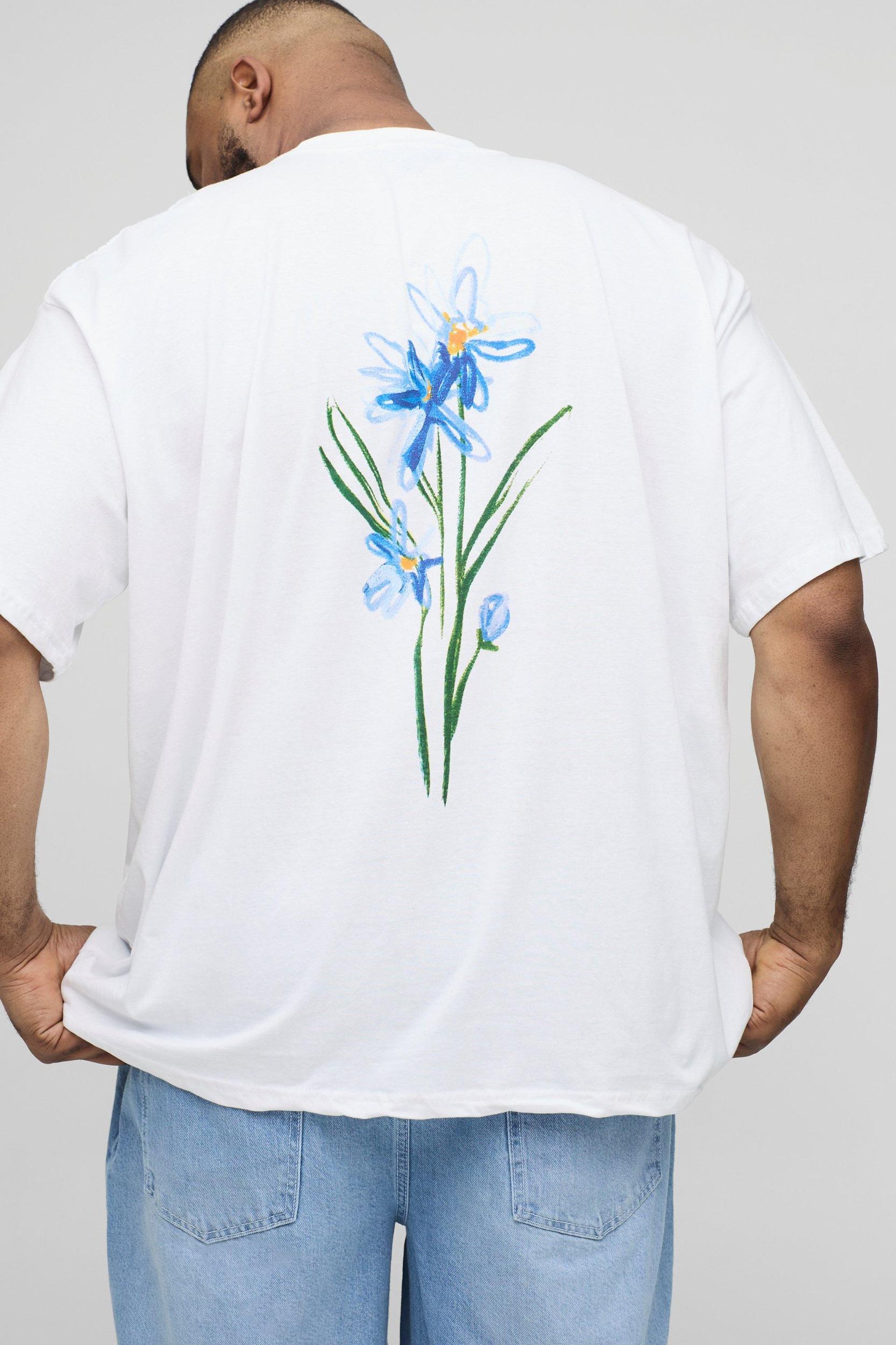 Plus Oversized Extended Neck Doodle Floral Print T-Shirt | boohooMAN USA Product Image