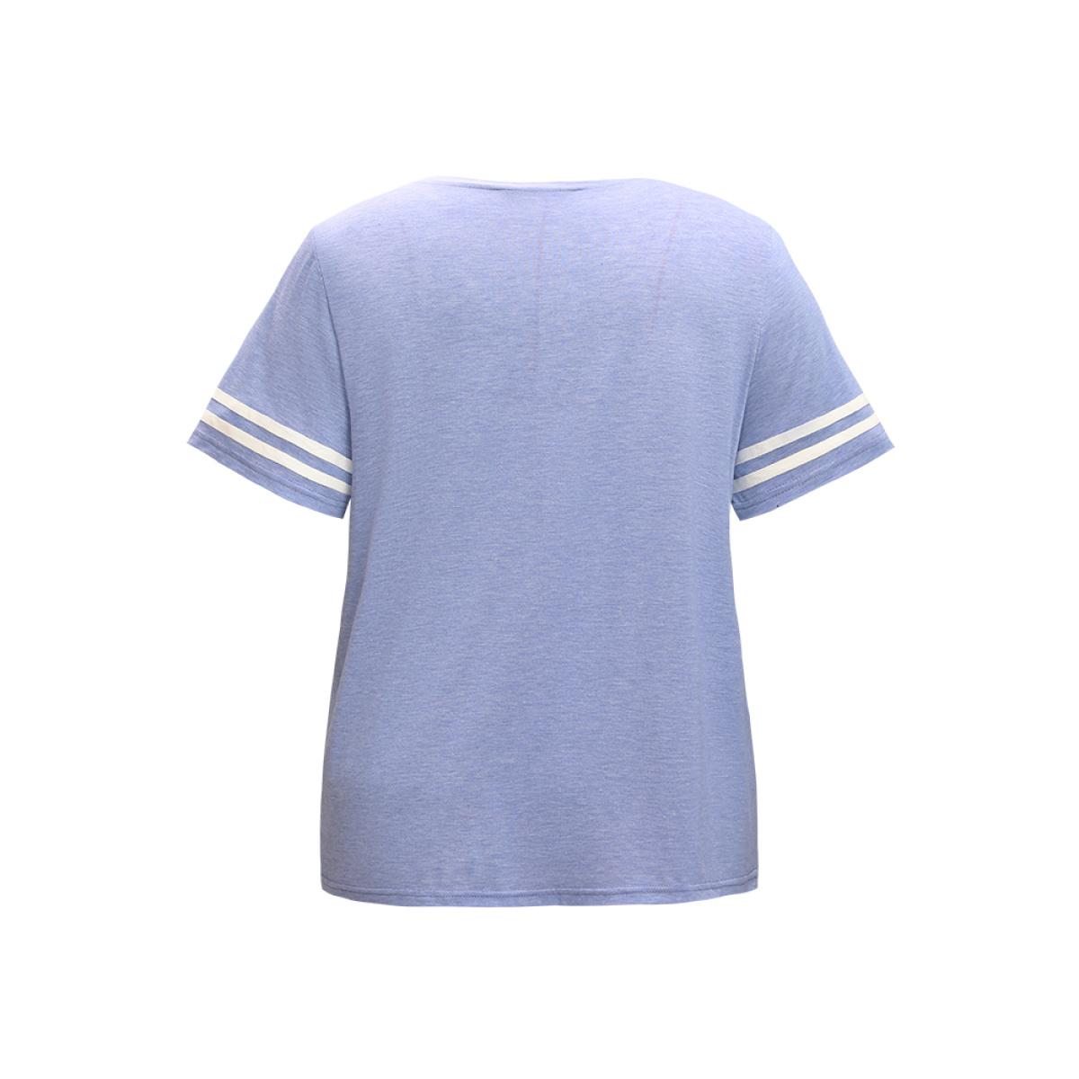 Plus Size Floral & Letter Print Contrast Round Neck Sleep Top Women LightBlue Casual Floral Contrast Round Neck Loungewear BloomChic 28/5X Product Image