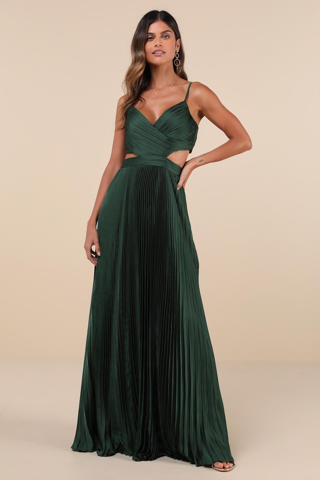 Got the Glam Emerald Green Pleated Cutout Maxi Dress Product Image