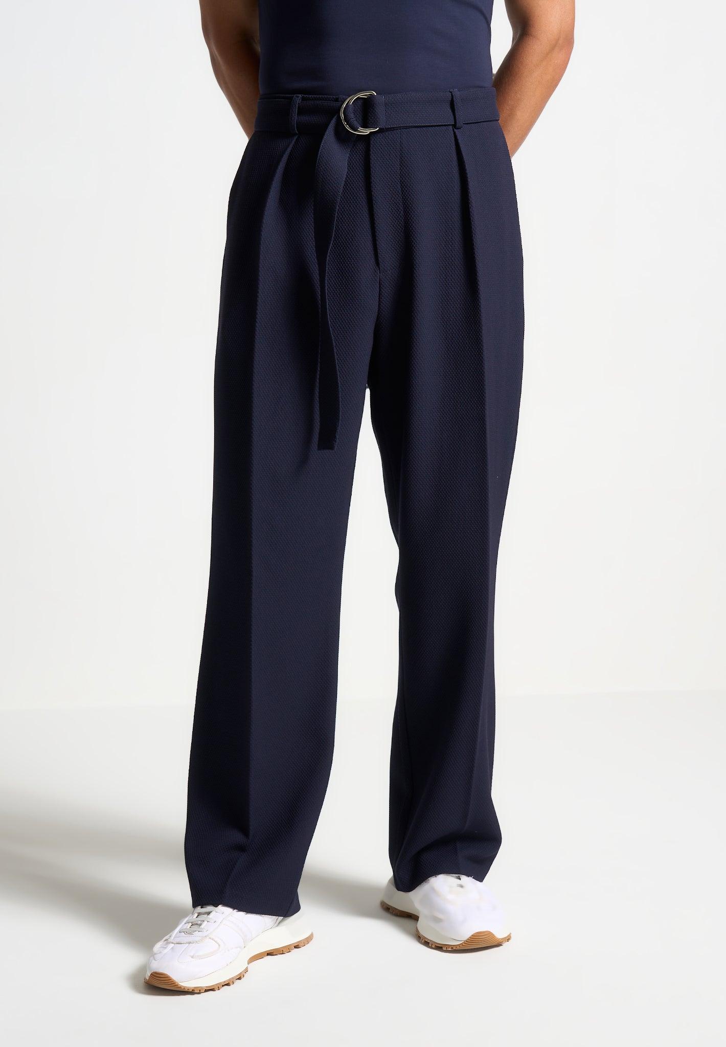 Louis - Relaxed Fit Textured Belted Tailored Trousers - Navy Male Product Image