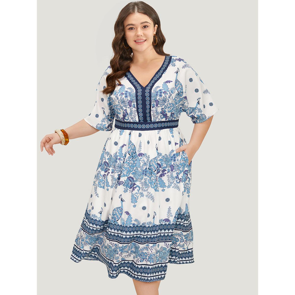 Plus Size Bandana Print Ruffles Pocket Batwing Sleeve Dress Indigo Women Vacation Lined V-neck Half Sleeve Curvy Midi Dress BloomChic 12/L Product Image