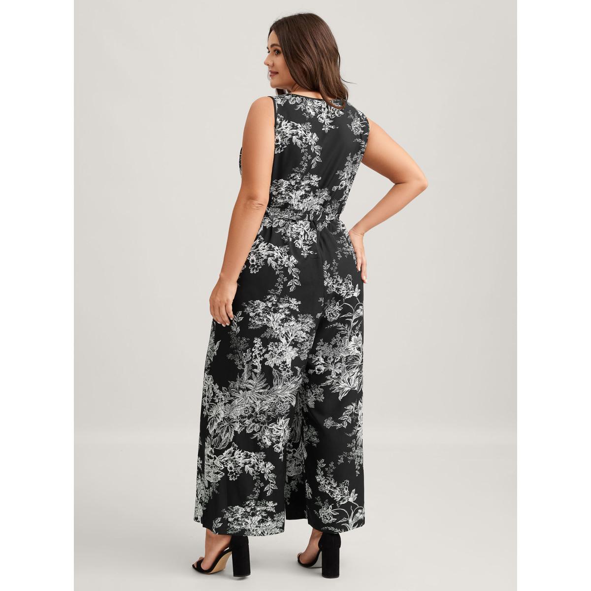 Plus Size Black Monochrome Floral Buttons Pockets Jumpsuit Women Timeless Sleeveless V-neck Elegant Loose Jumpsuits BloomChic 14-16/1X Product Image
