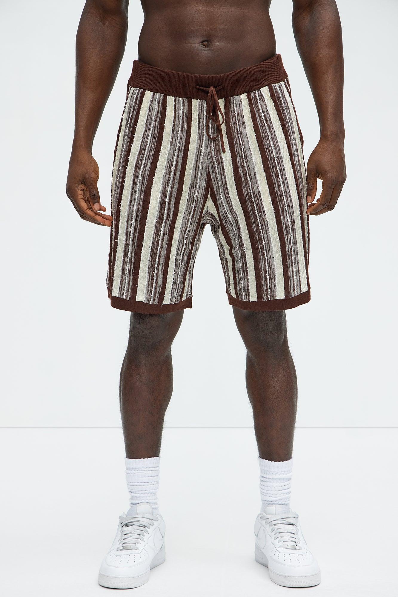 Textured Stripes Knitted Shorts - Brown/combo Product Image