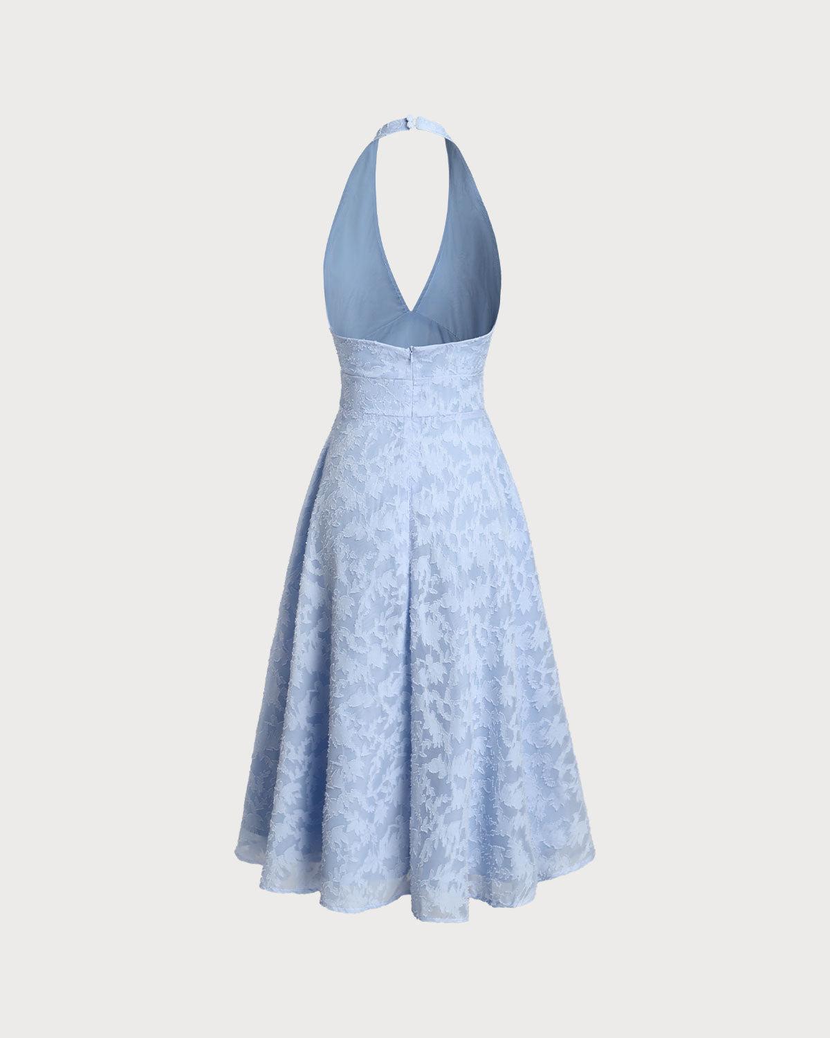 Blue Textured Backless Halter Midi Dress Product Image