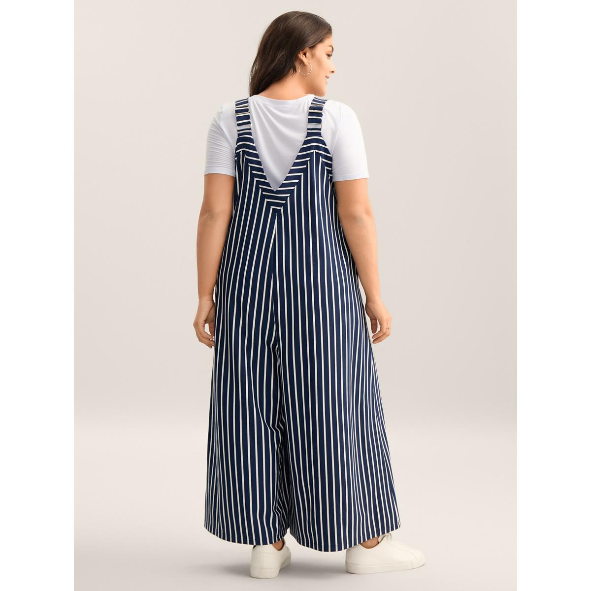 Plus Size Navy Stretchy Striped Print Wide-Leg Jumpsuit Women Sleeveless V-neck Everyday-Casual Loose Jumpsuits BloomChic 22-24/3X Product Image