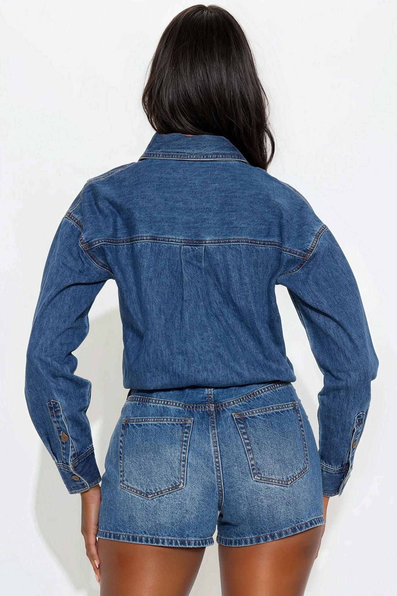 Farmer's Market Cutie Denim Romper - Medium Wash Product Image