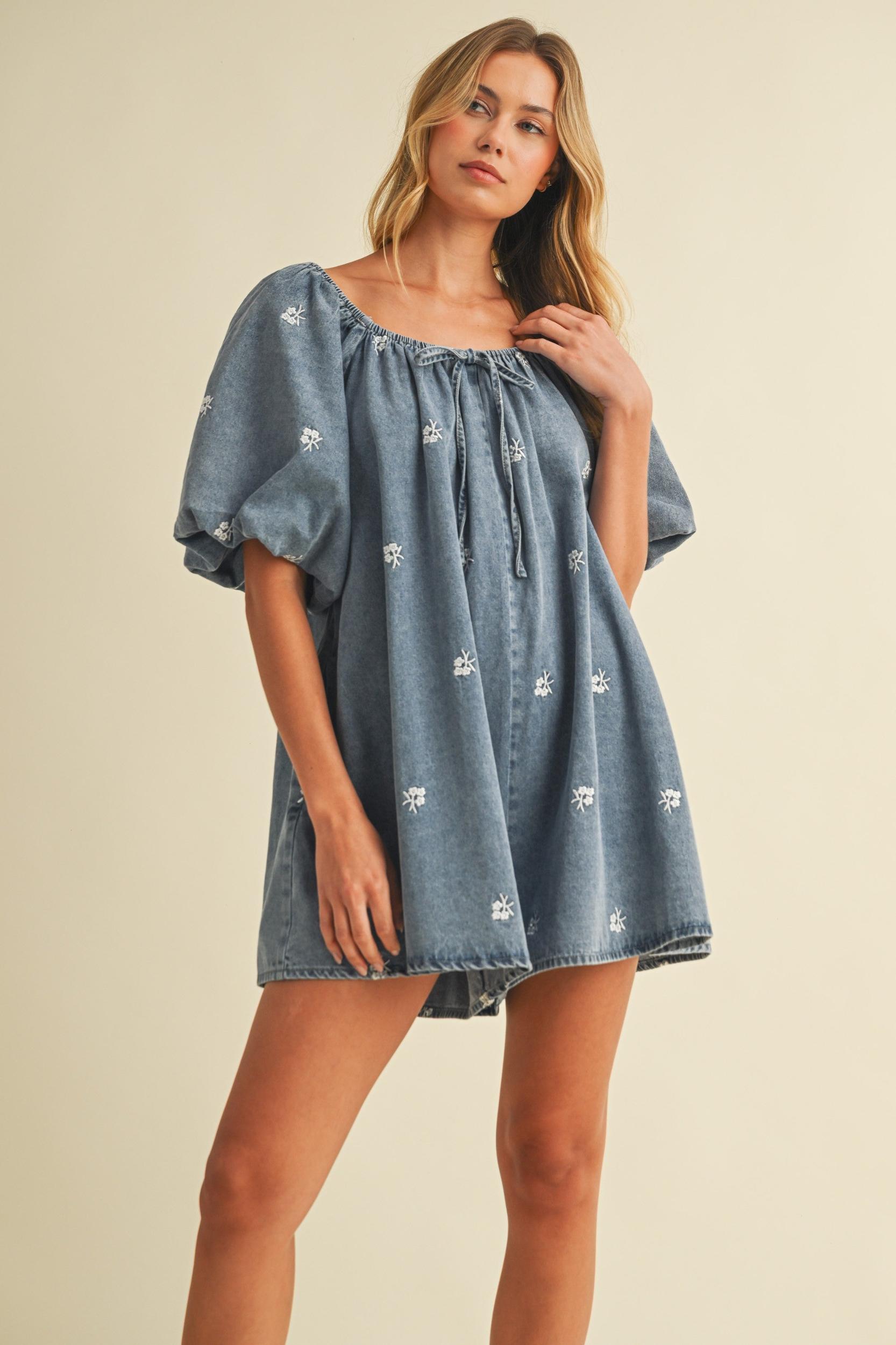 Embroidered Denim Puff Sleeve Romper Product Image