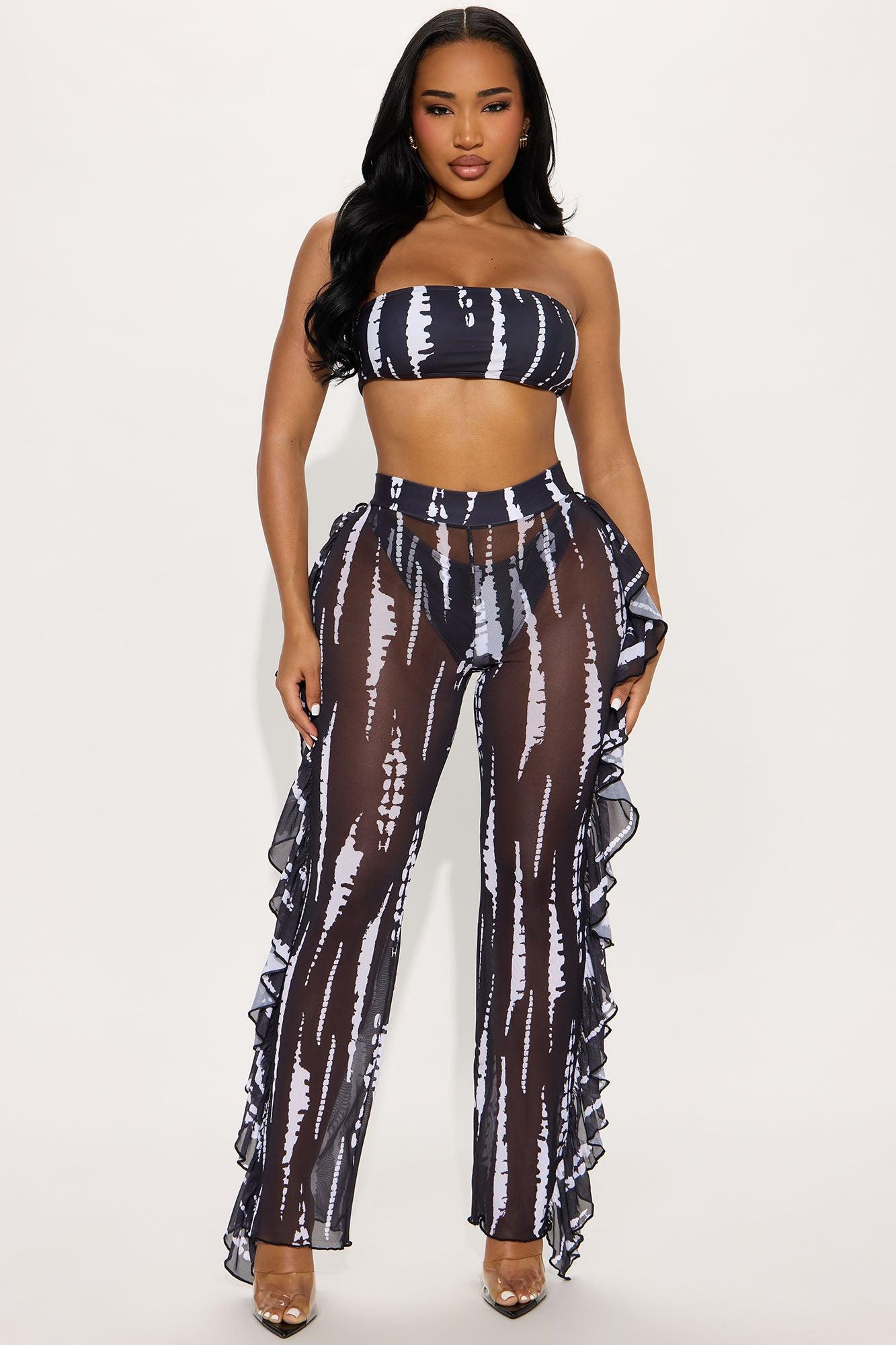 Aubriella Bandeau Ruffle Pants 3 Piece Bikini Set - Black/White Product Image