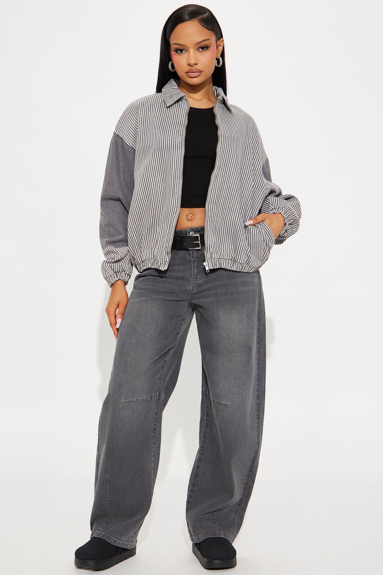 It's A Lifestyle Pinstripe Denim Bomber Jacket - Black/combo Female Product Image