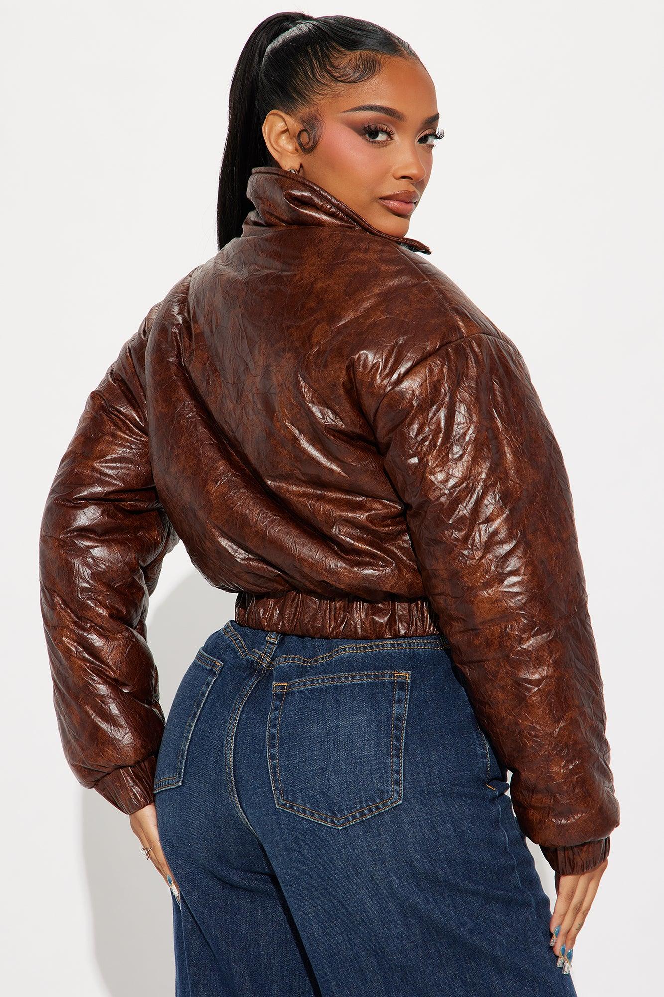 Brooke Washed Crinkled Faux Leather Bomber Jacket - Brown Product Image
