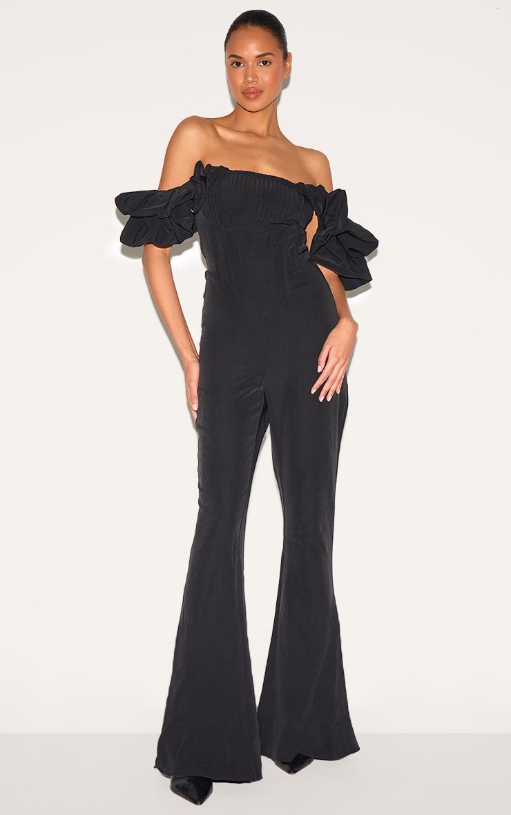 Black Woven Pleated Corset Detail Bardot Frill Jumpsuit. Product Image