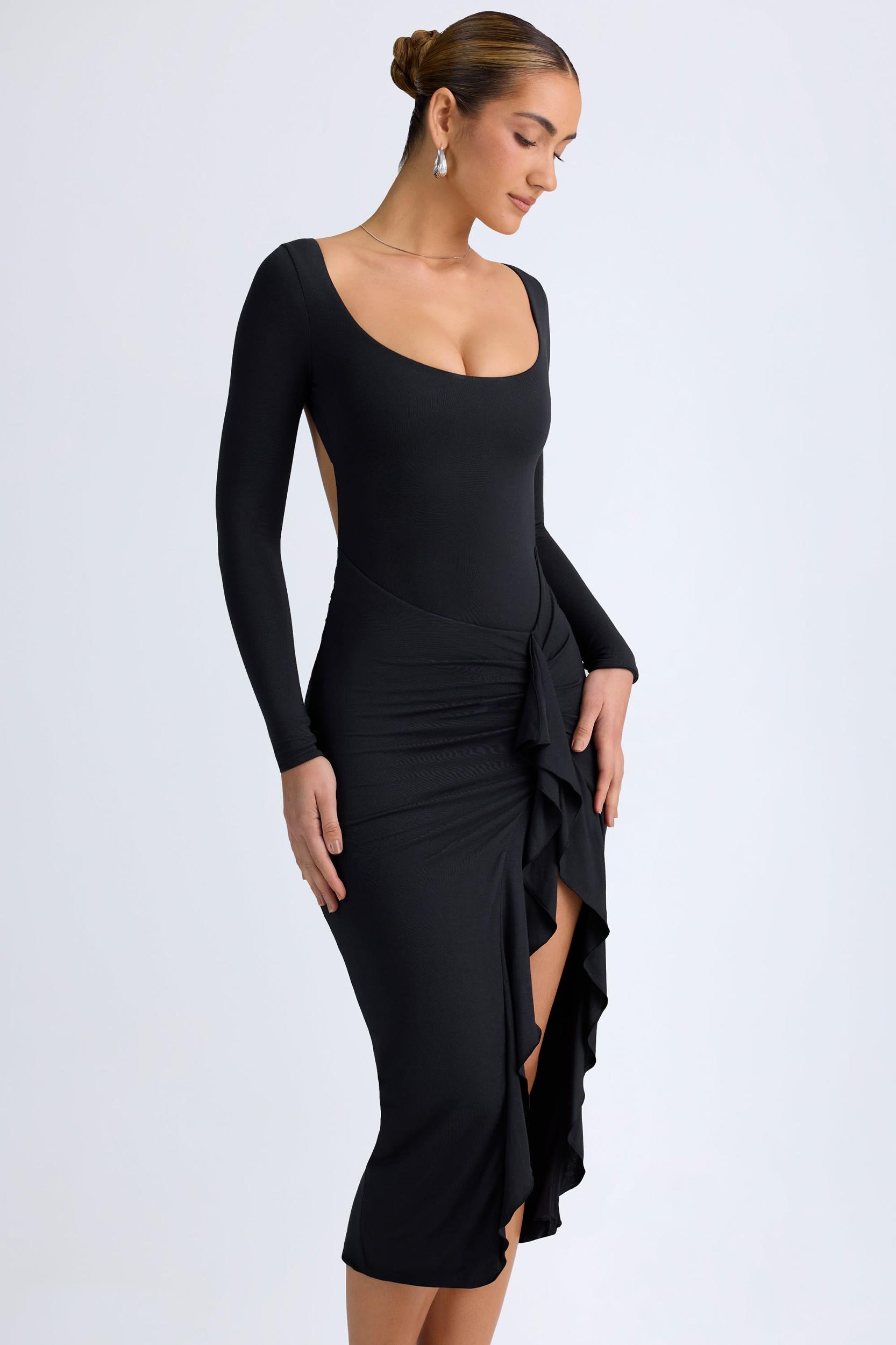 Modal Ruffled Midaxi Dress in Black Female Product Image