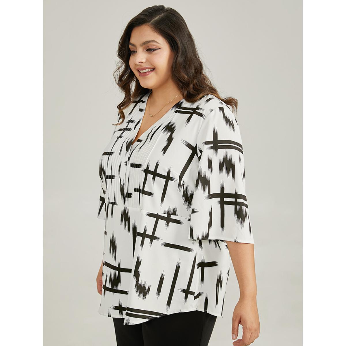 Plus Size Ivory Brush Print V Neck Pleated Ruffles Button Up Blouse Women Office Half Sleeve V-neck Work Blouses BloomChic 12/L Product Image