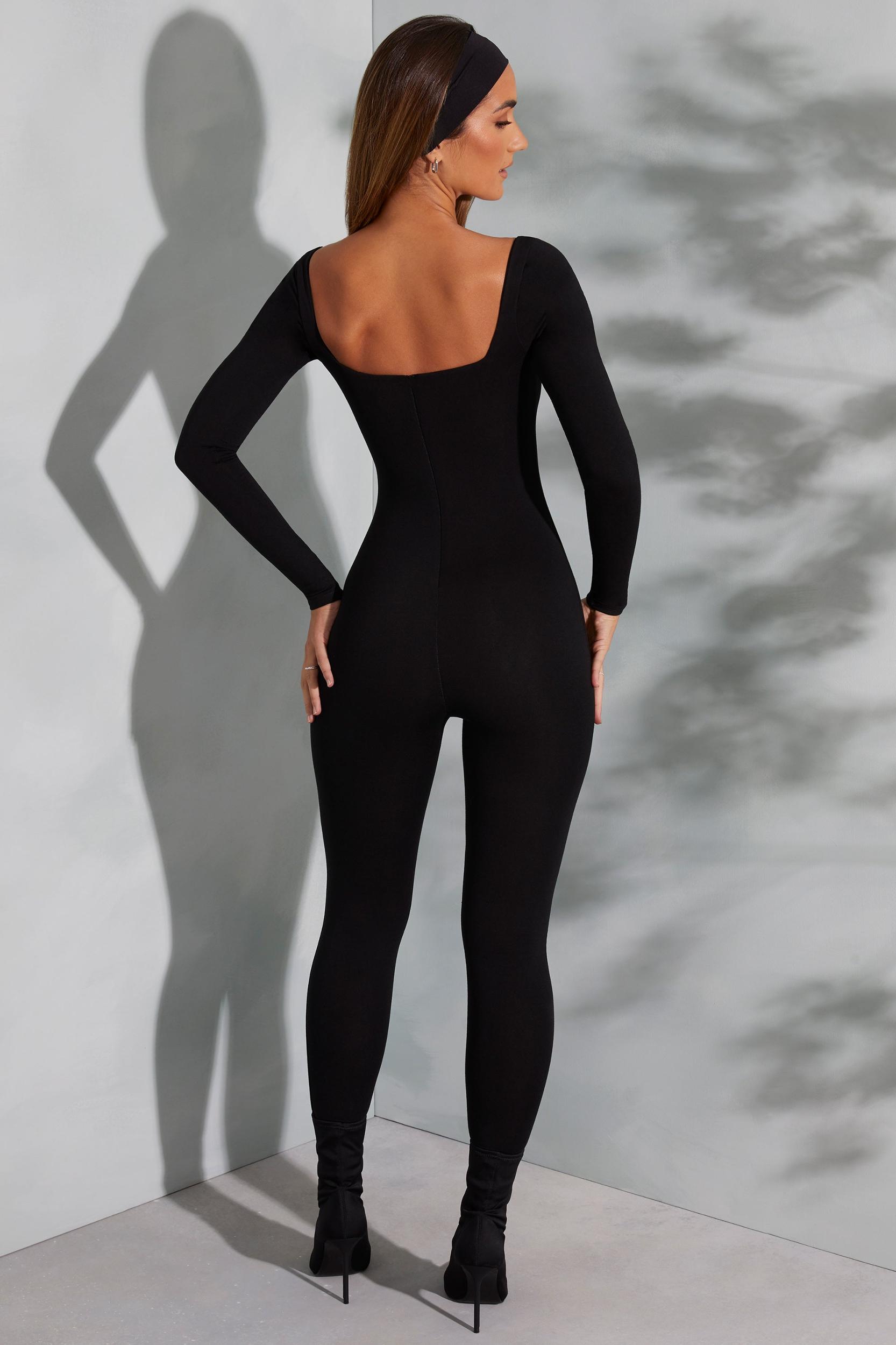 Square Neck Long Sleeve Jumpsuit in Black Product Image