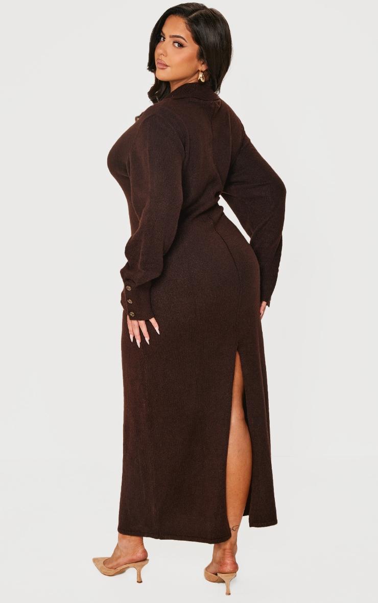 Plus Chocolate Soft Bobble Knit Button Up Collar Detail Maxi Dress Product Image