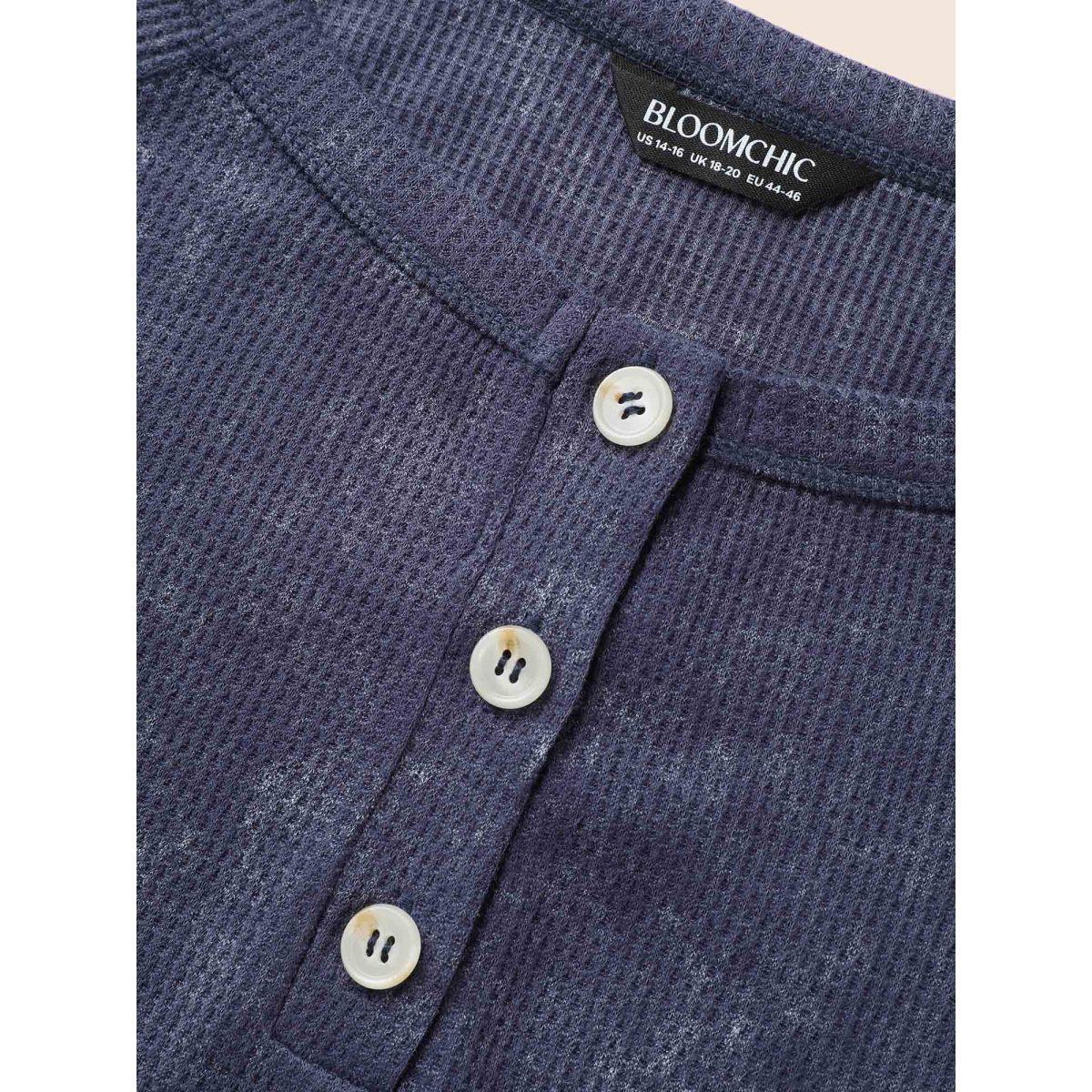 Plus Size Waffle Weathering Front Placket T-shirt Indigo Women Casual Button Round Neck Everyday T-shirts BloomChic 12/L Product Image