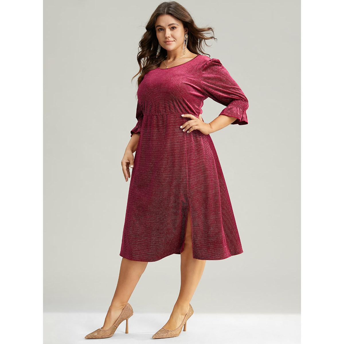 Plus Size Plain Velvet Glitter Split Hem Shirred Dress Scarlet Women Glamour Velvet Round Neck Half Sleeve Curvy Midi Dress BloomChic 22-24/3X Product Image