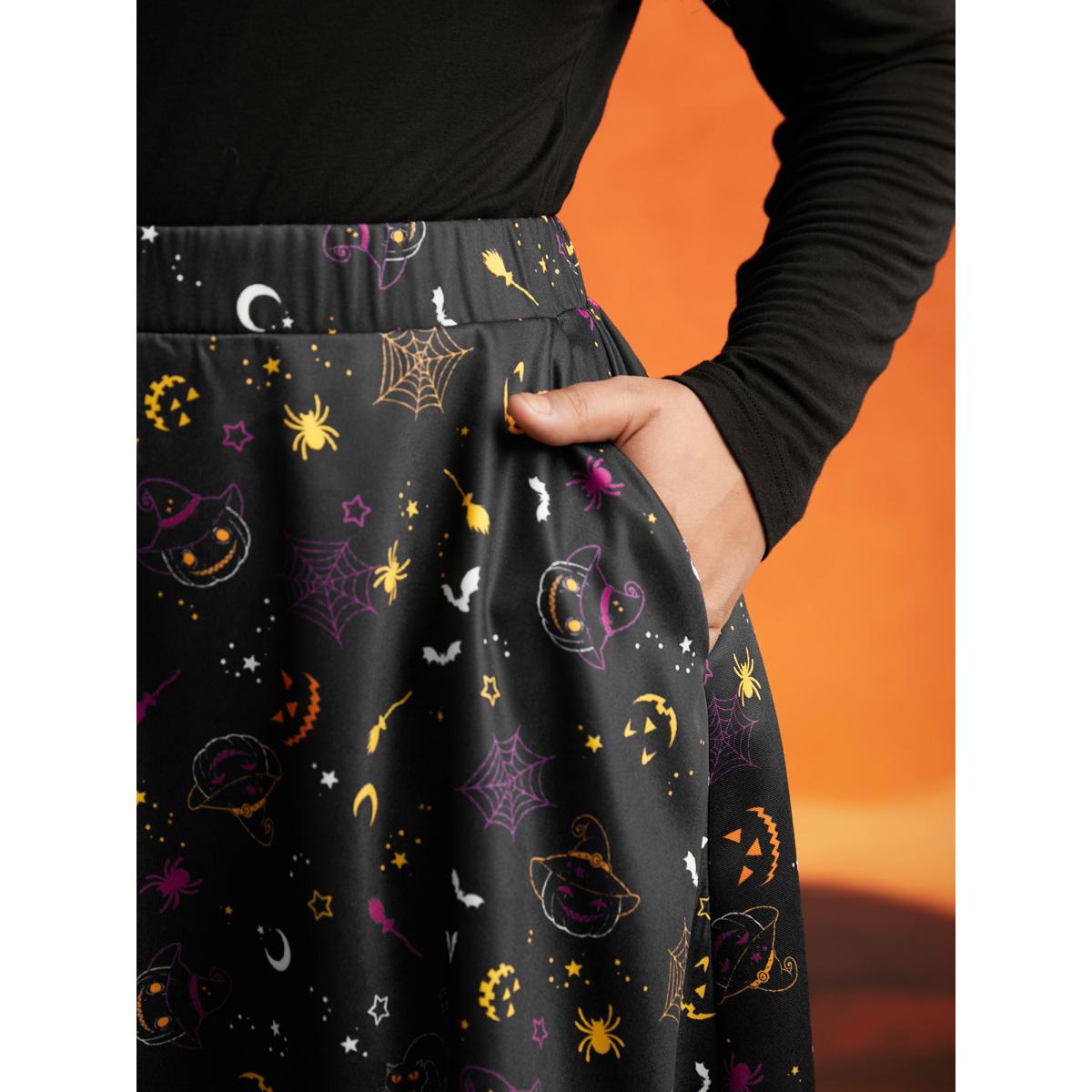 Plus Size Pumpkin Dance Printed Knee-Length Skirt Women Black Cocktail Non No stretch Slanted pocket Party Skirts BloomChic 22-24/3X Product Image