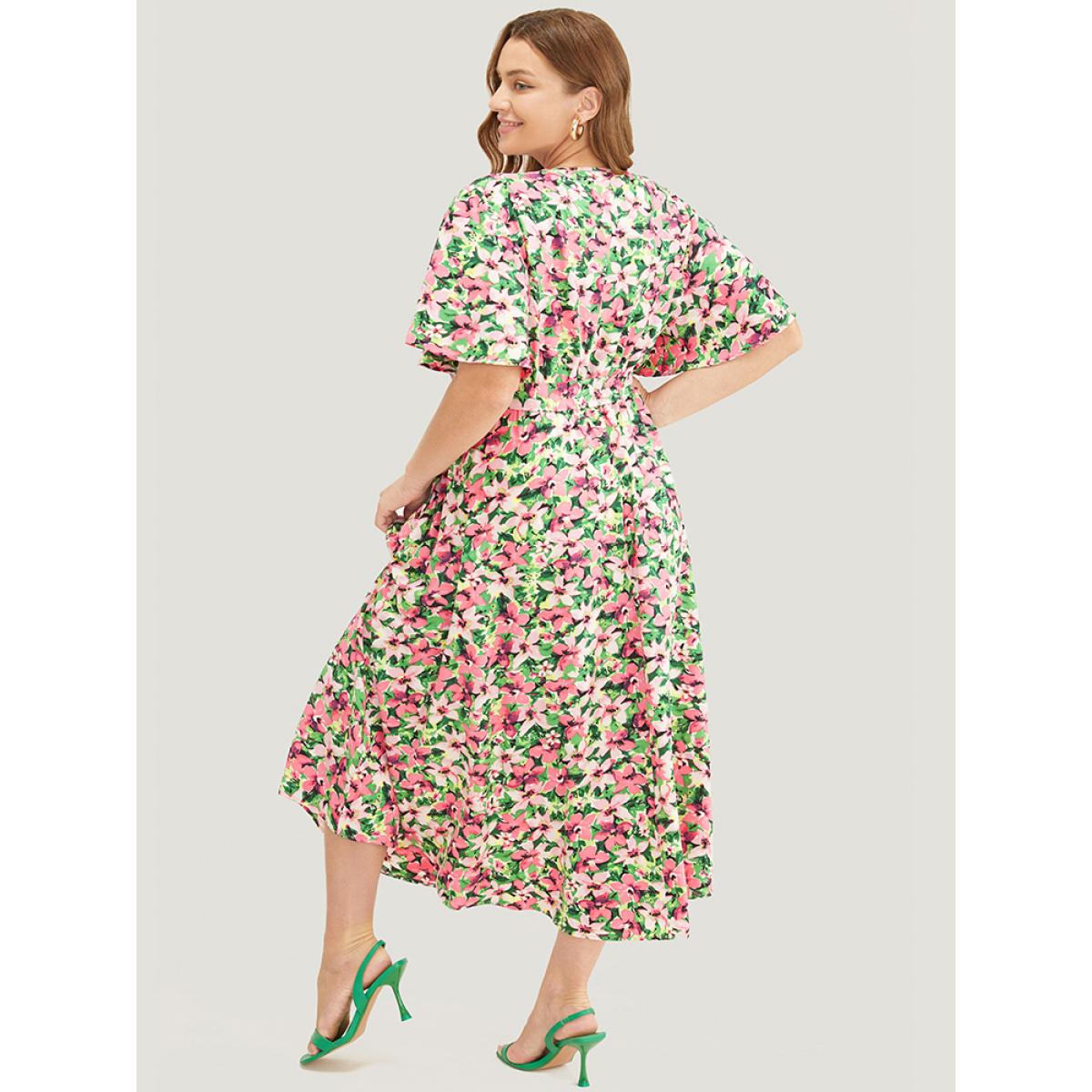 Plus Size Floral Printed Ruffle Sleeve Pocket Surplice Neck Flutter Dress Pink Women Elegant Cross straps V-neck Short sleeve Curvy Midi Dress BloomChic 14-16/1X Product Image