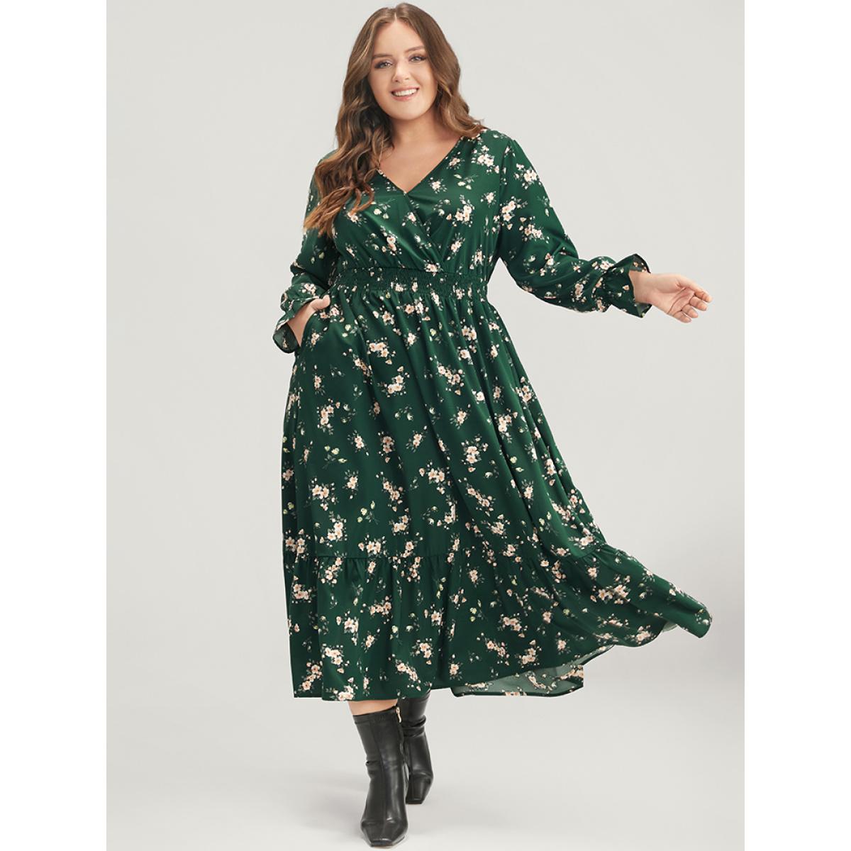 Plus Size Floral Lantern Sleeve Pocket Wrap Shirred Dress Without Hat DarkGreen Women Elegant Pocket V-neck Long Sleeve Curvy Midi Dress BloomChic 26/4X Product Image