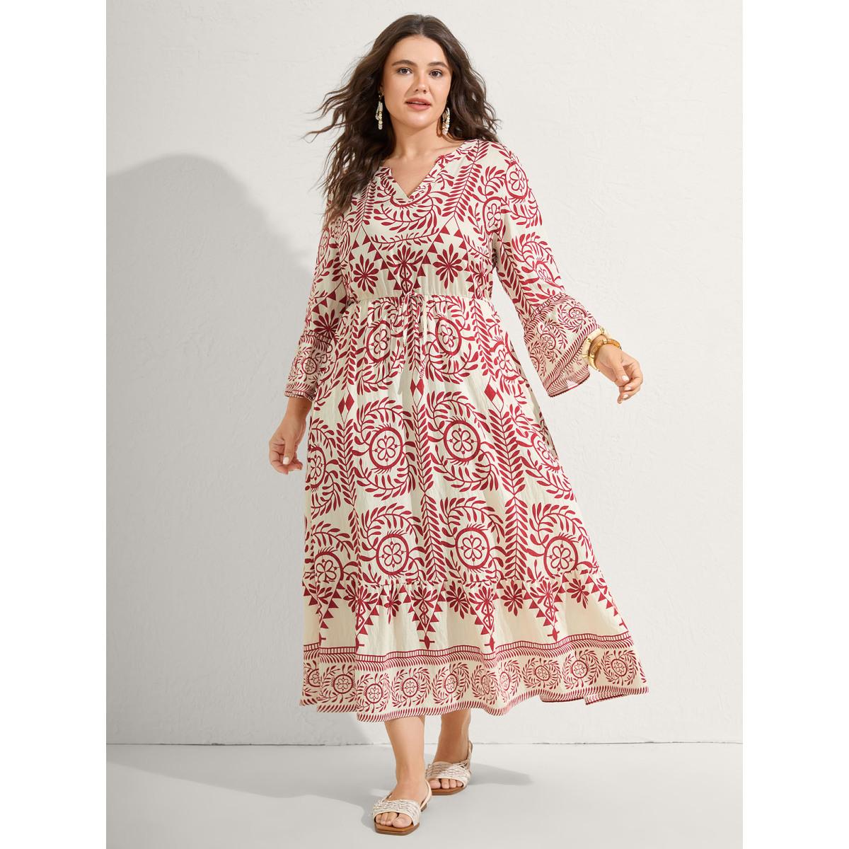 Plus Size Ornate Print Color Contrast Midi Dress Raspberry Women Tie knot Flat collar with V-notch Elbow-length sleeve Curvy BloomChic 30/6X Product Image
