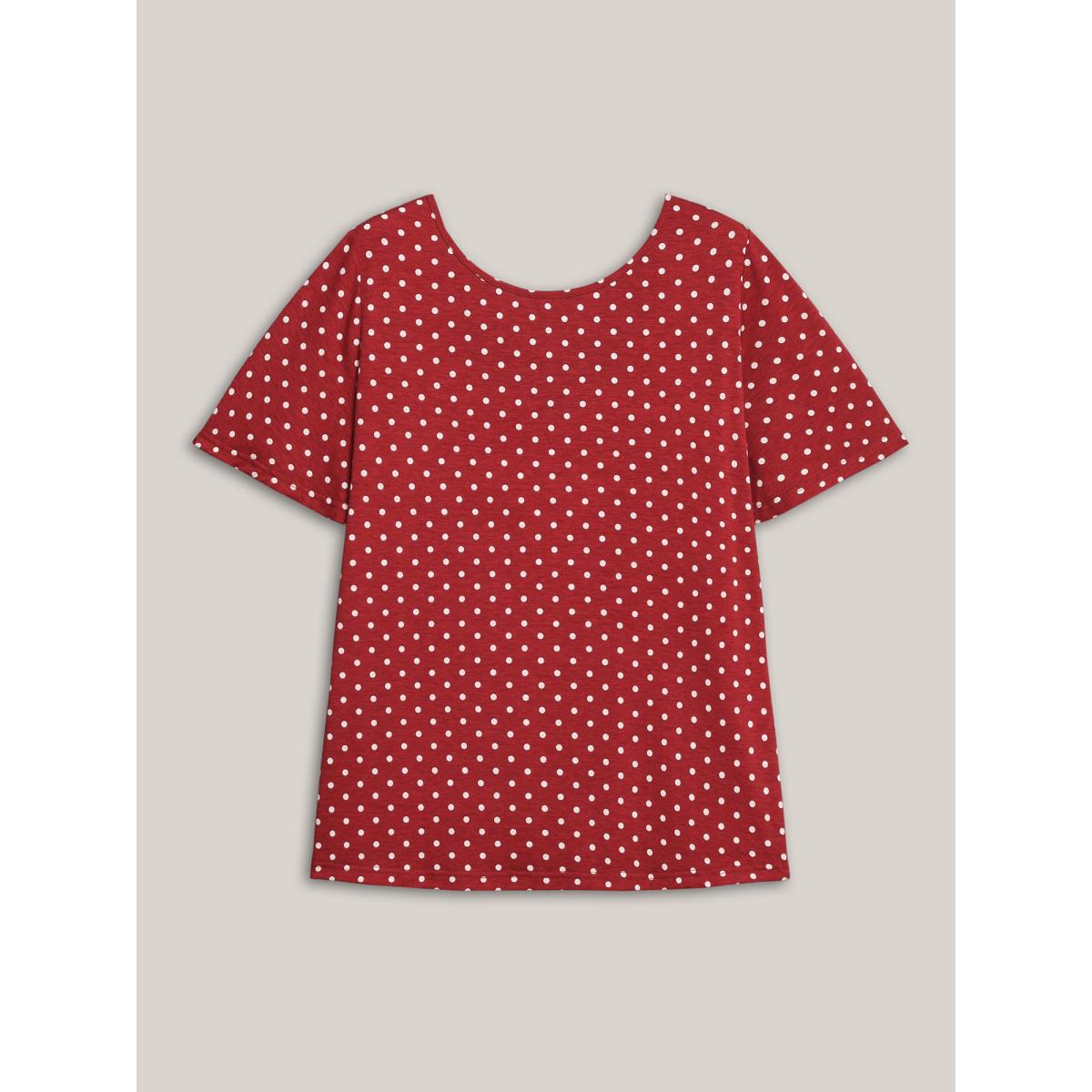 Plus Size Polka Dot Back-Tie Flared Sleeve T-Shirt Raspberry Women Casual Gathered Round Neck Everyday T-shirts BloomChic 18-20/2X Product Image