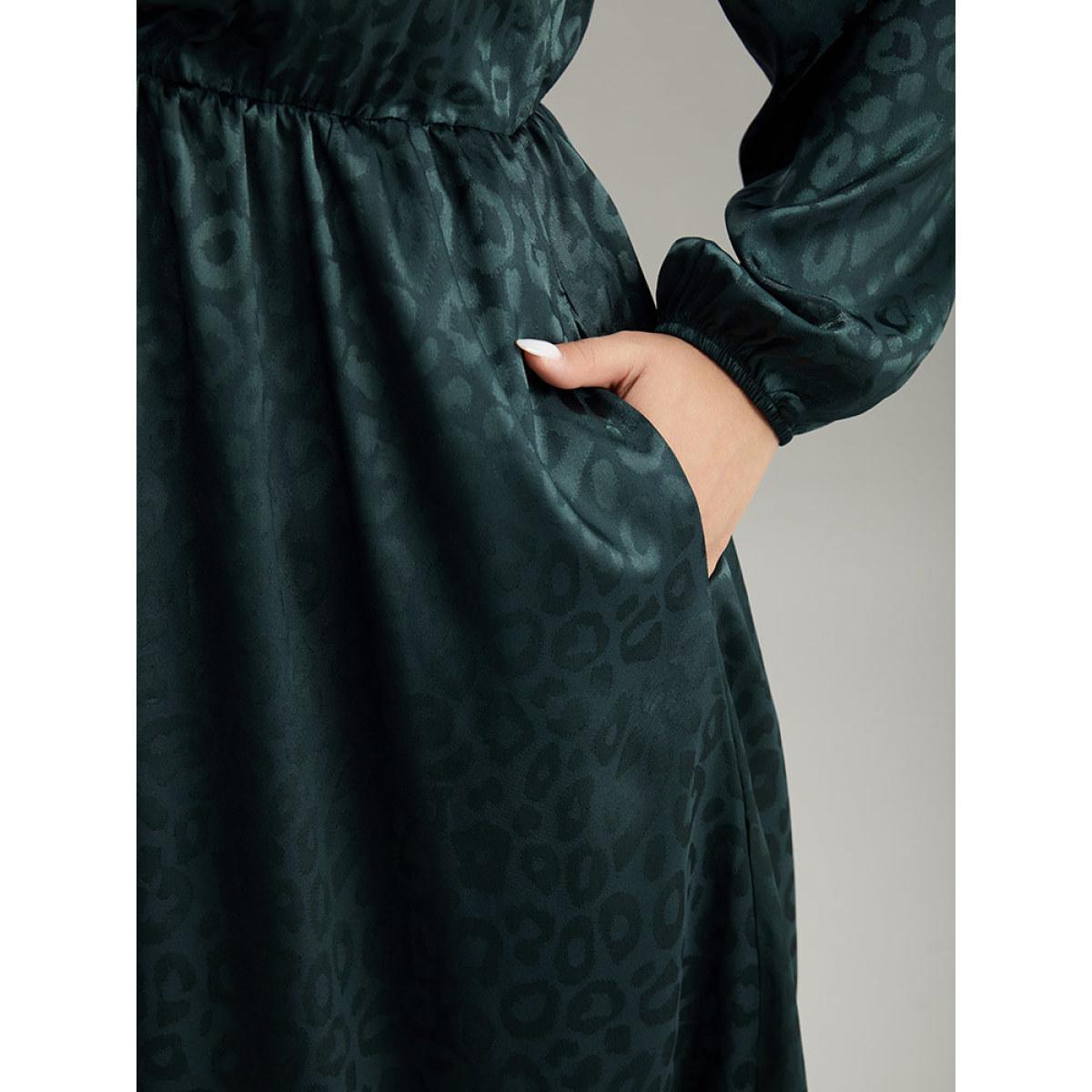 Plus Size Leopard Square Neck Elastic Waist Ties Dress Cyan Women Glamour Elastic cuffs Square Neck Long Sleeve Curvy Midi Dress BloomChic 26/4X Product Image