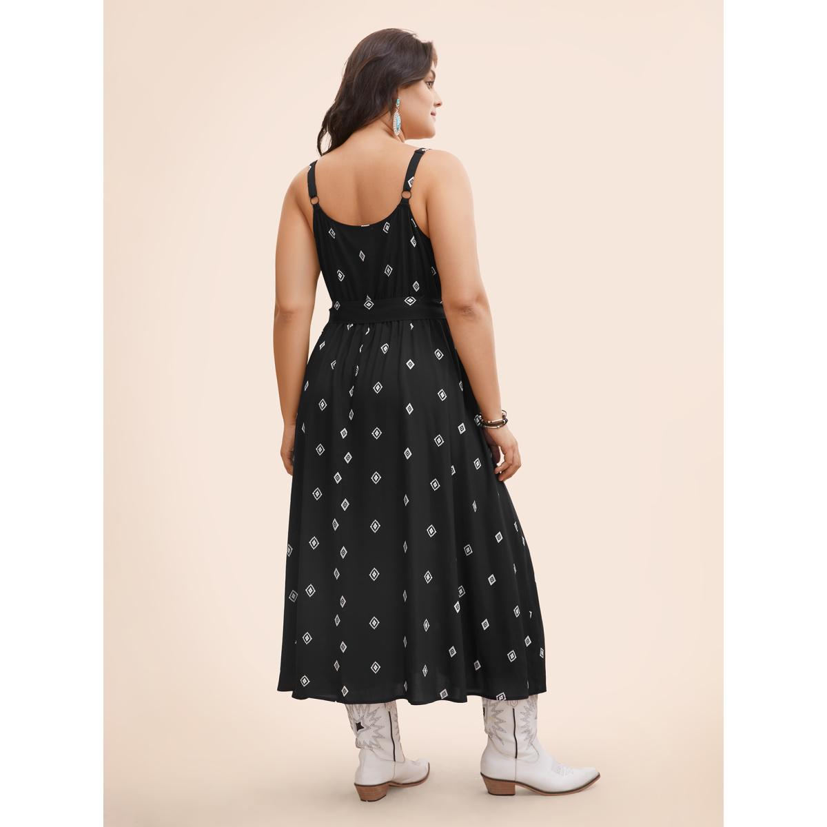 Plus Size Cami Printed A-line Midi Dress Black Women Resort Belted V-neck Sleeveless Curvy BloomChic 22-24/3X Product Image