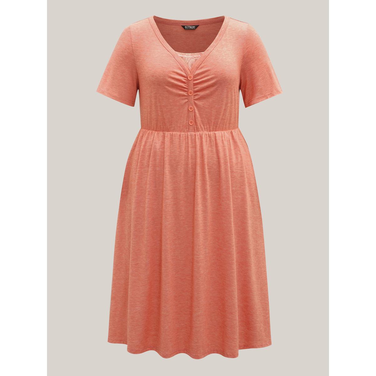 Plus Size Stretchy Knit Ruched Pockets Midi Dress Salmon Women Knit Dresses Bloomchic 22-24/3X Product Image
