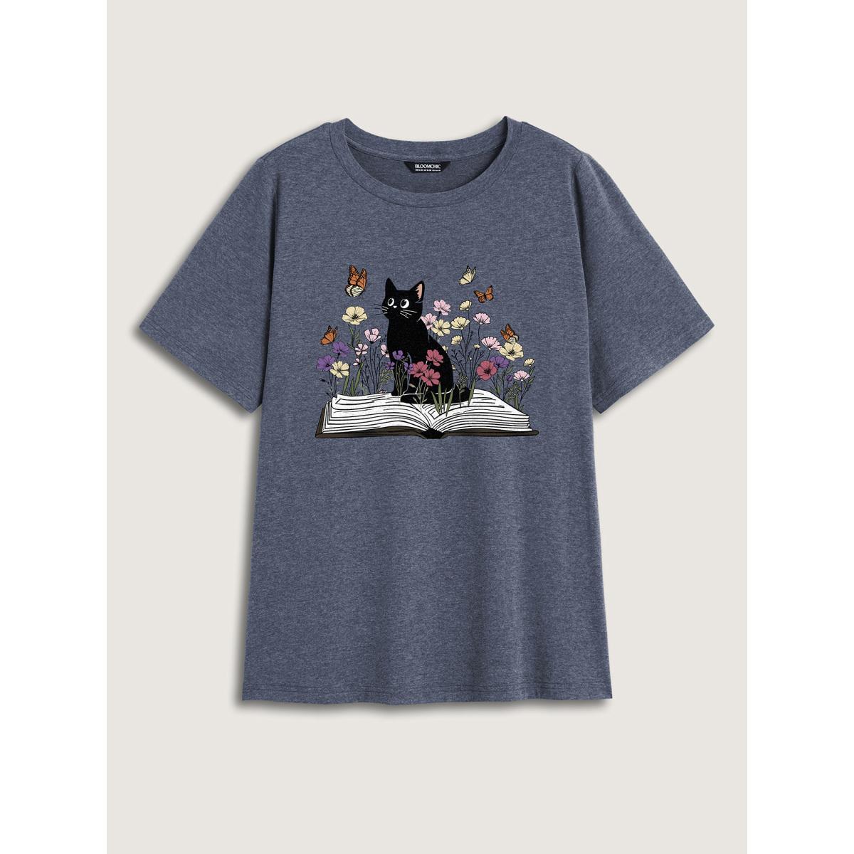 Plus Size Bookish Cat Printed Round Neck T-Shirt Indigo Women Non Animals Round Neck Everyday-Casual T-shirts BloomChic 22-24/3X Product Image