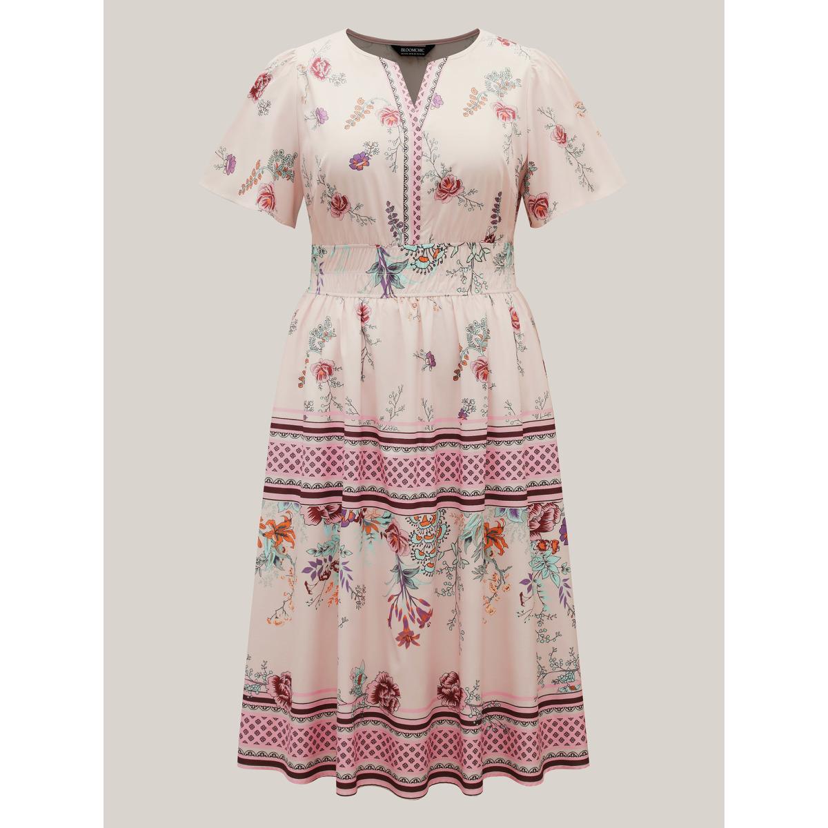 Plus Size Floral Print Waist Defining Midi Dress Peach Women Notched collar Short sleeve Curvy BloomChic 26/4X Product Image