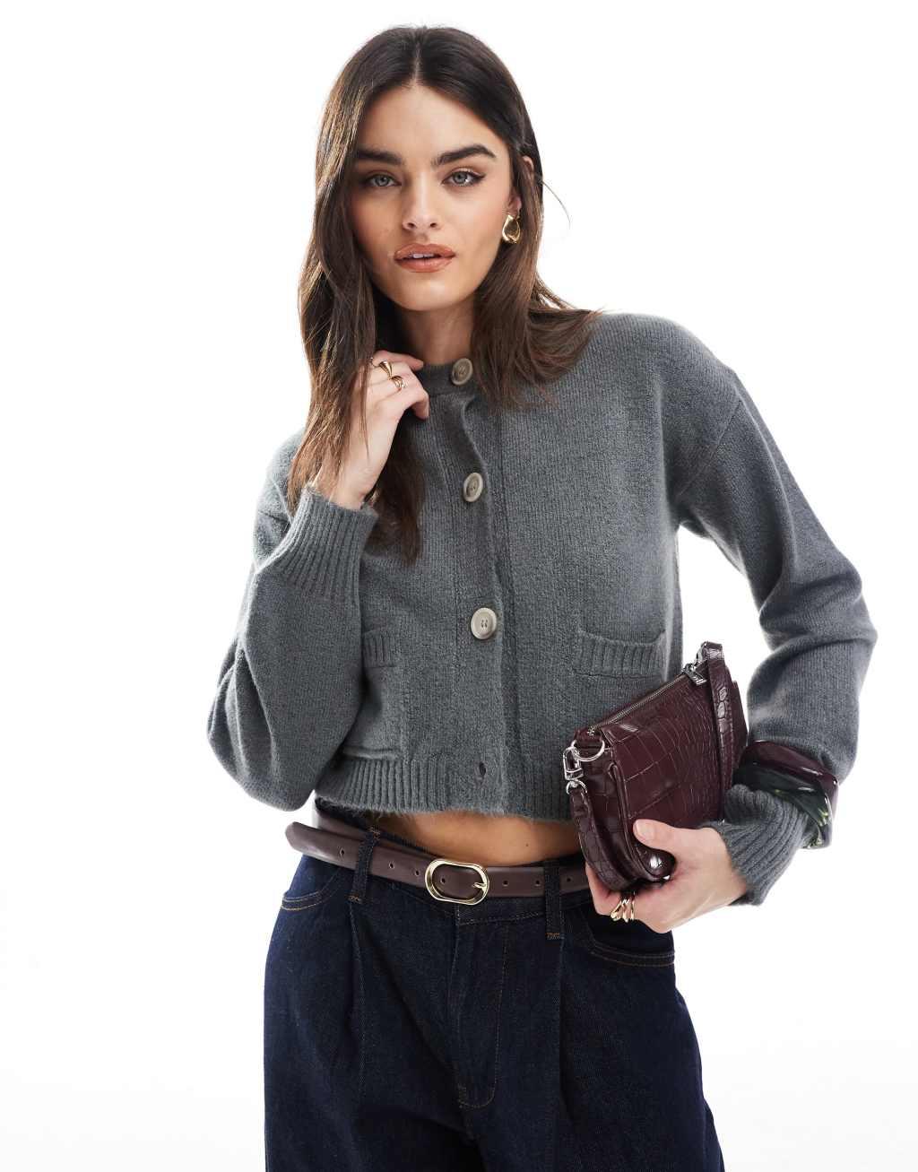 Miss Selfridge seam detail crew neck boxy cardigan in gray Product Image