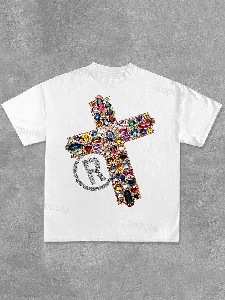 Vintage Diamond Cross Graphic Print Casual Cotton T-Shirt Product Image